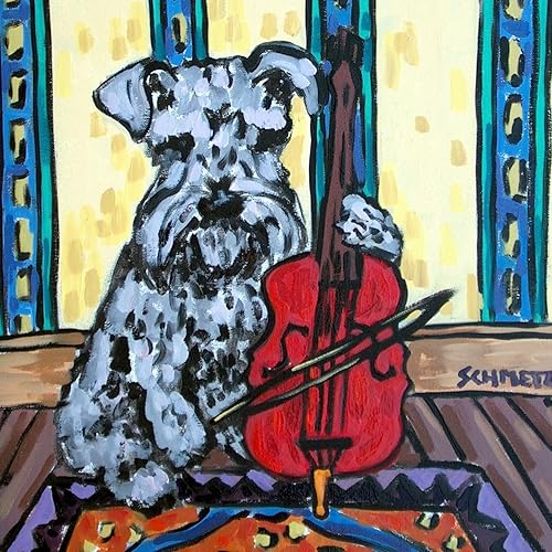 Schnauzer playing Cello dog art tile coaster gift