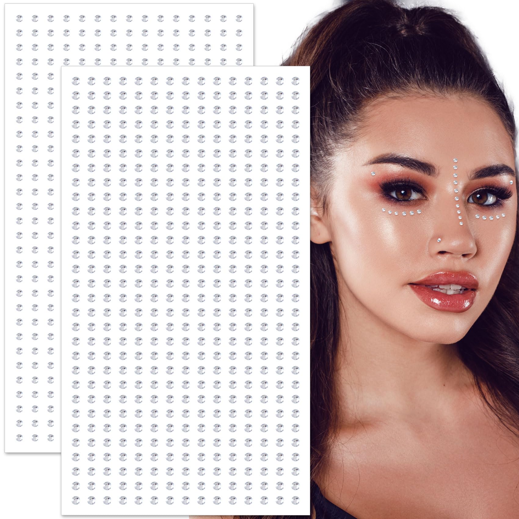 OIIKI 2 Sheets Mini Gems Stickers, Face Jewels Stick on, Adhesive Rhinestone Makeup for Festivals, Parties, Daily Use for Women (2.5 mm, 3 mm Silver)