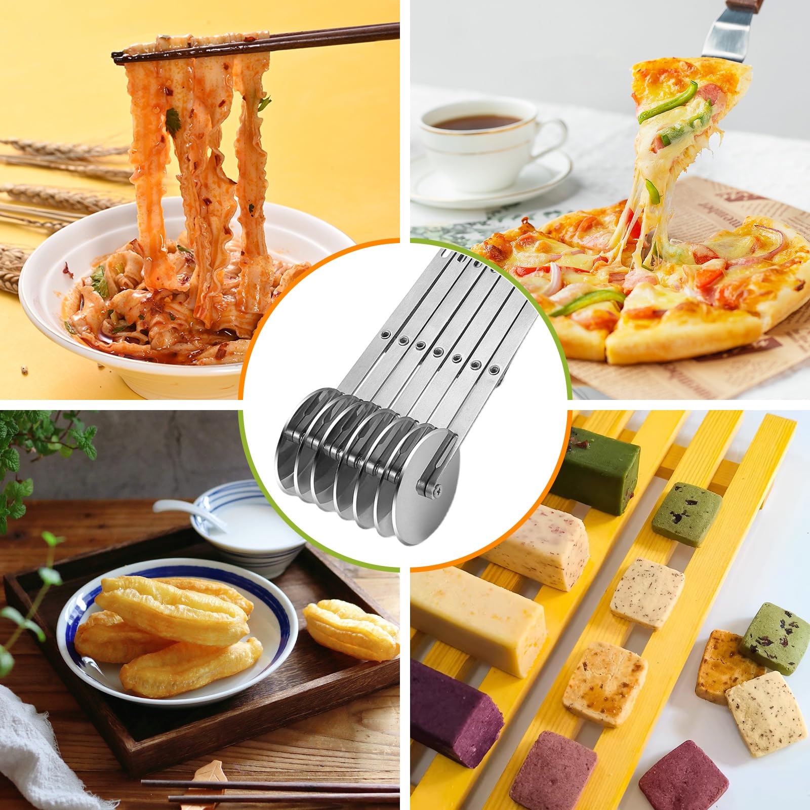 DBREAKS 7 Räder Pizzaschneider, 7 Rad Teigschneider, Verstellbarer Pizzaschneide, Mehrrund-Teigschneider, Teigschneider Edelstahl, Kuchenteiler Blechkuchen, für Pizza, Kuchen, Teig