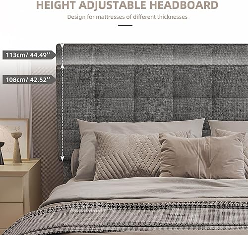 Miniatura 3 de Base de cama moderna de plataforma tapizada de tamaño Queen, marco de cama de lino con luces, cabecera ajustable con costuras cuadradas, sistema de