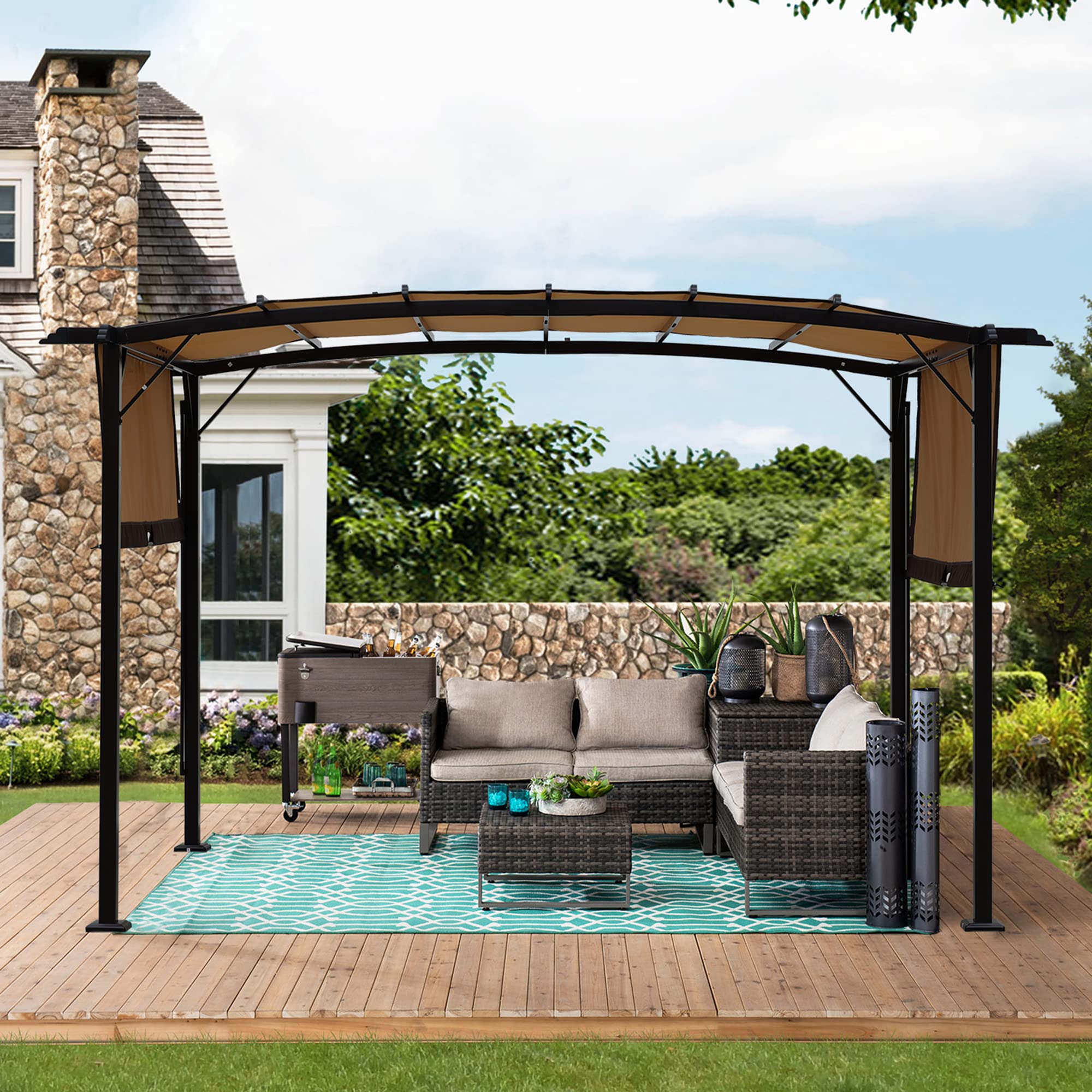 Tetto di ricambio per pergola curva, 3,6 x 2,7 m, impermeabile e resistente ai raggi UV, tenda da sole con tende laterali per terrazza e balcone, beige