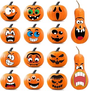 Whaline 64Pcs Halloween Pumpkin Stickers, 14 Funny and Classic Pumpkin Expressions Stickers for Pumpkins and Squashes, Make Your Own Jack-O-Lantern Face Decals for Halloween Party Decoration