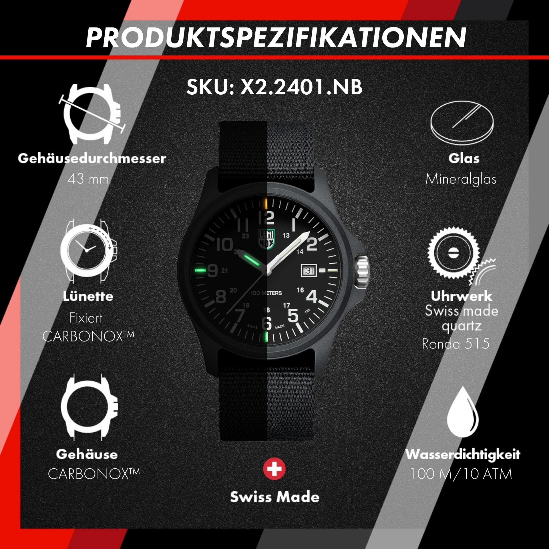 Luminox - G Kollektion Moon Valley Herrenuhr 43mm - Taucheruhr mit Datumsanzeige 100m Wasserdicht - Mehrere Varianten - Hergestellt in der Schweiz - Herren Uhr - Hergestellt in der Schweiz