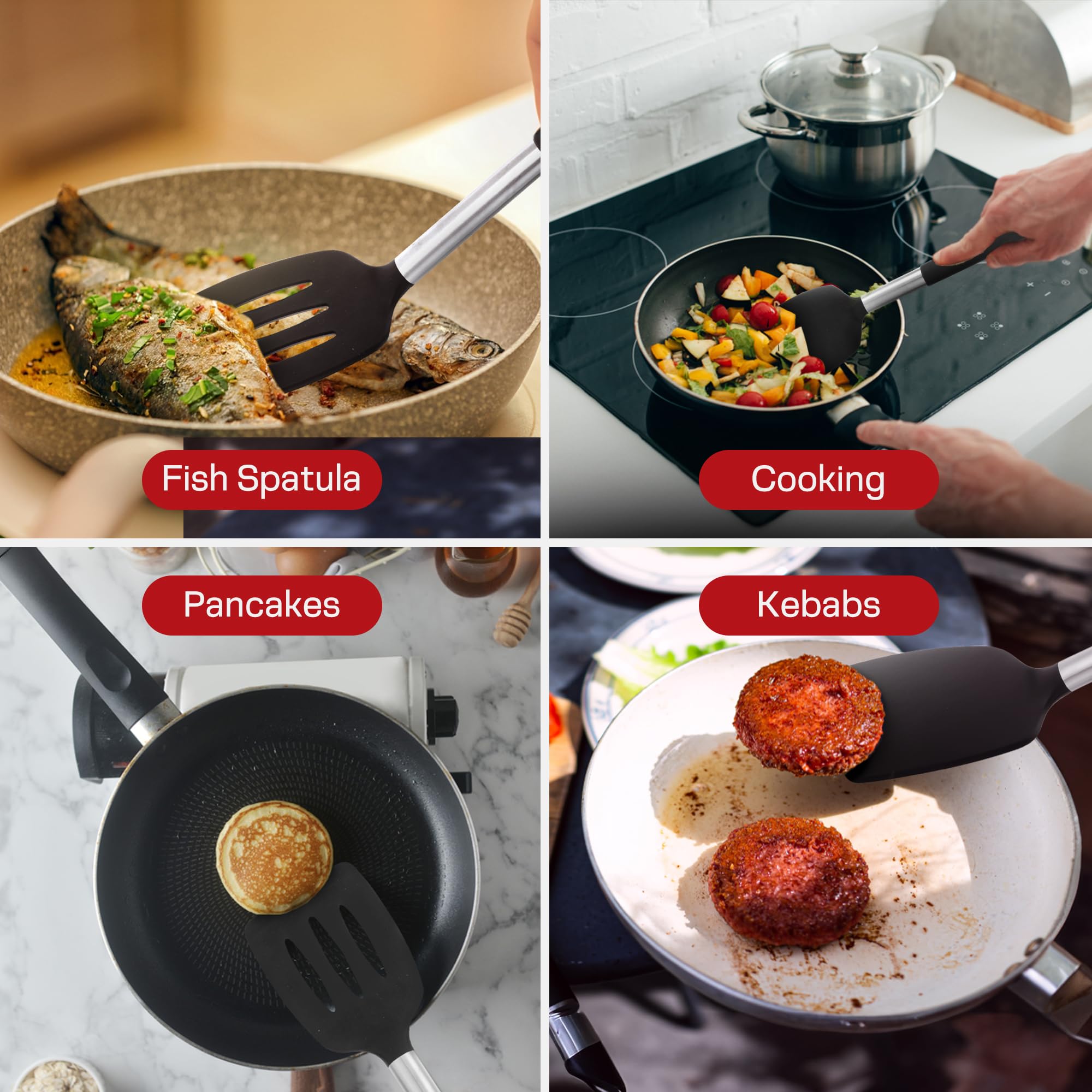 Espátulas de silicona para cocinar, espátulas negras de silicona resistentes al calor 200 °C para utensilios de cocina antiadherentes, juego de espátulas de silicona ranuradas y sólidas para cocinar