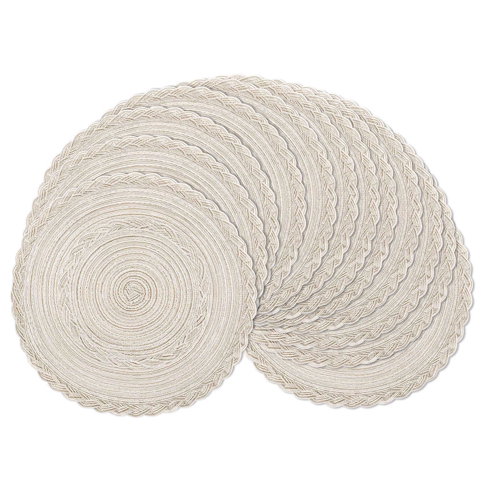 SHACOS 15 inch Round Braided Placemats Set of 12 for Dining Table Woven Boho Place Mats Kitchen Placemat Washable Table Mats, Ivory Bordered