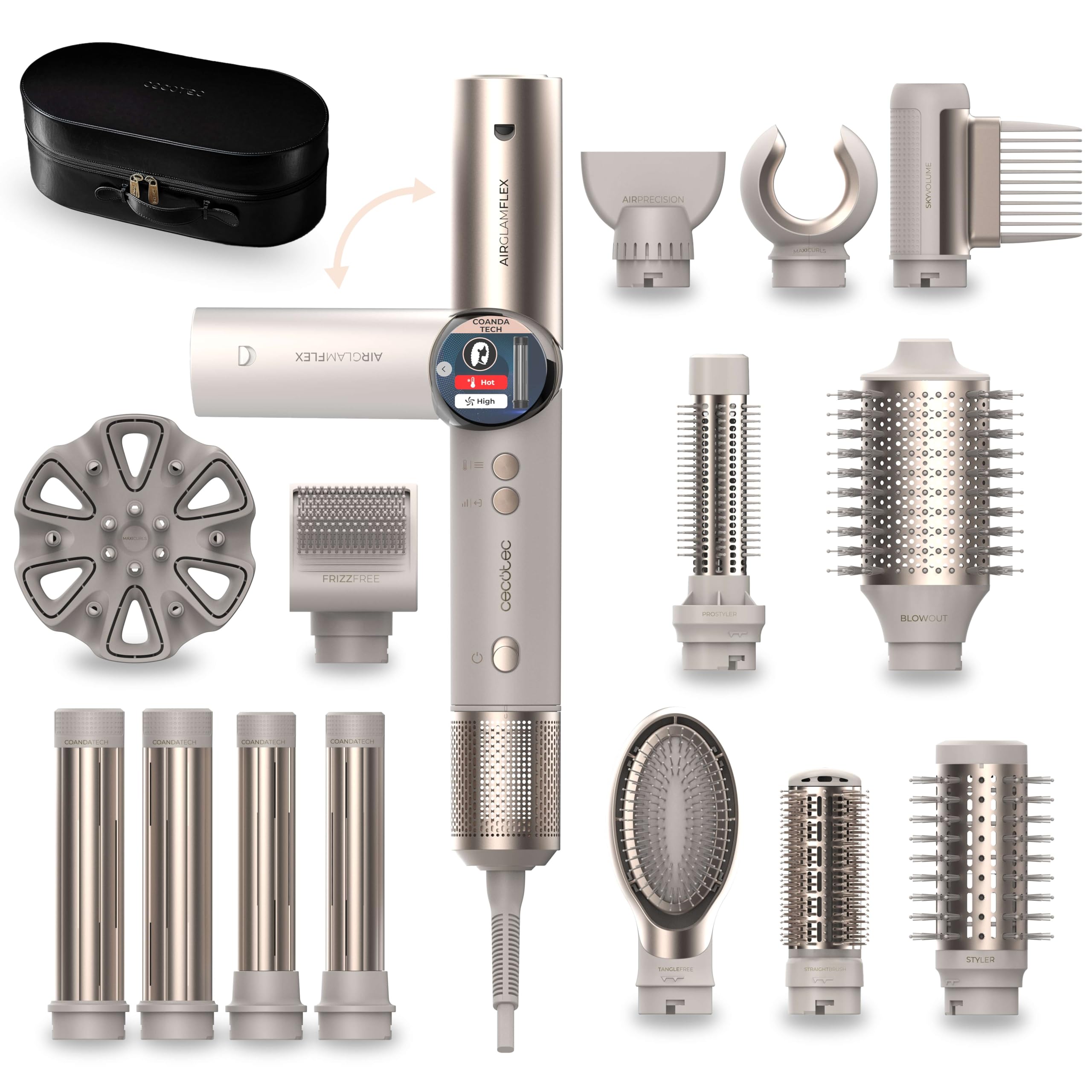 Cecotec Cepillo de Aire Secador Moldeador Alisador Multifunción 8 Cabezales CeramicCare AirGlam Champagne. 1400W, Tecnología Coanda, 3 Velocidades, 3 Temperaturas, Control Inteligente Calor, 110000rpm — view 14