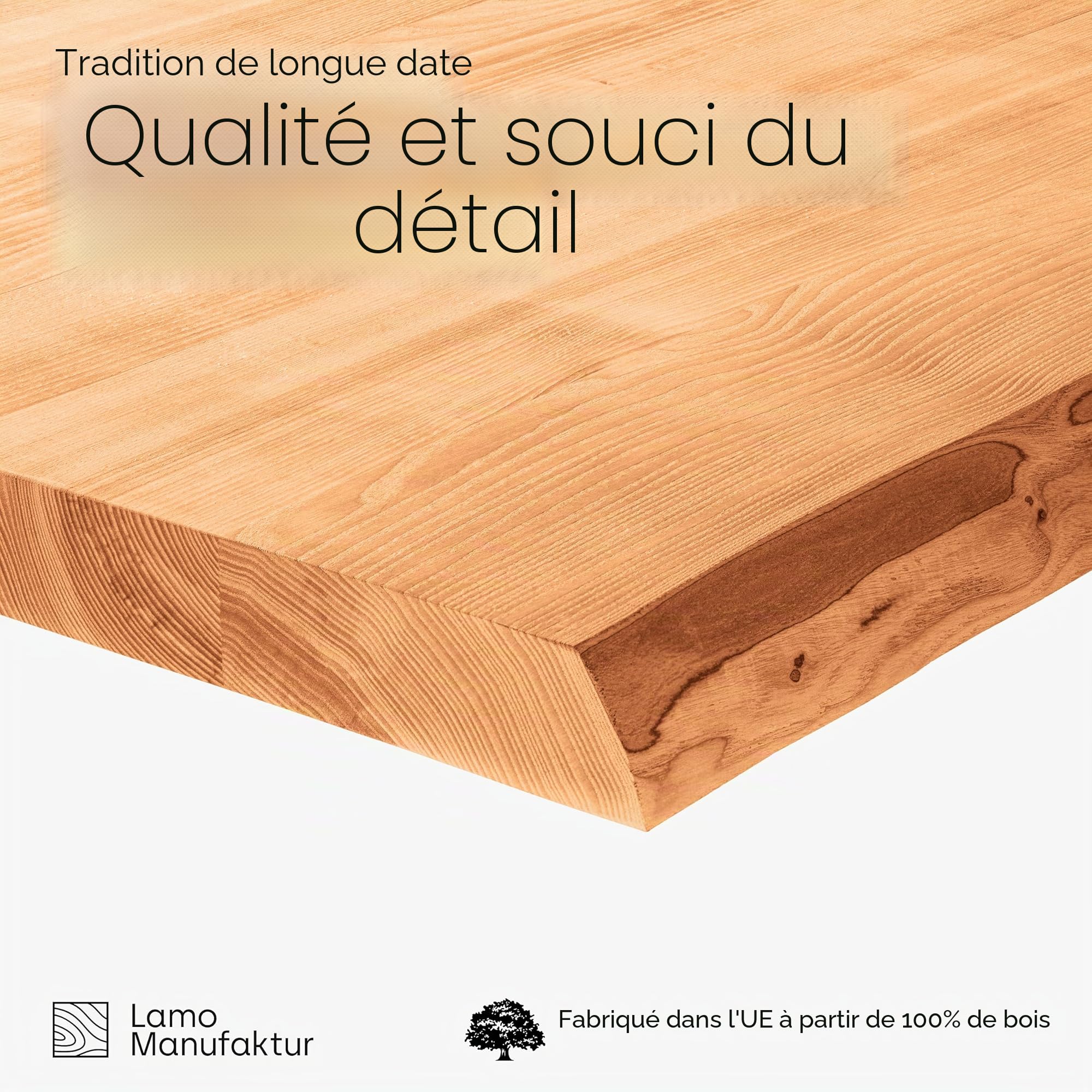 LAMO Manufaktur Plateau en Bois Massif pour Table ŕ Manger et Bureau, Bords biseautés arrondis, 120x80 cm, Fręne Naturel, LHB-01-A-002-120
