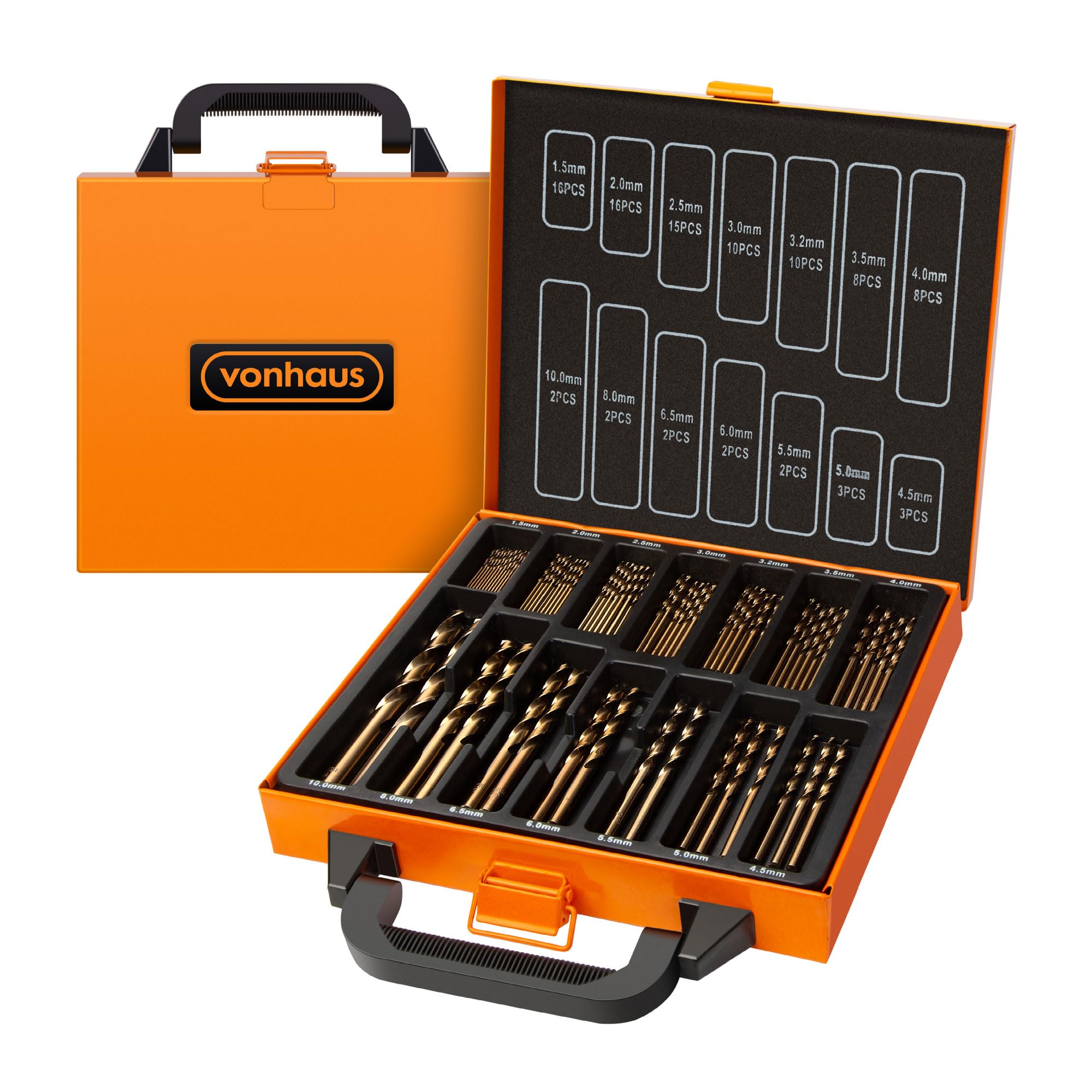 VonHaus HSS Metal Drill Bit Set with Carry Case Organiser - 99 Pcs 1.5-10 mm High Speed Steel Bits Cobalt Coated Steel - For Drilling Wood, and Metal - Accessories Drills and Screwdrivers