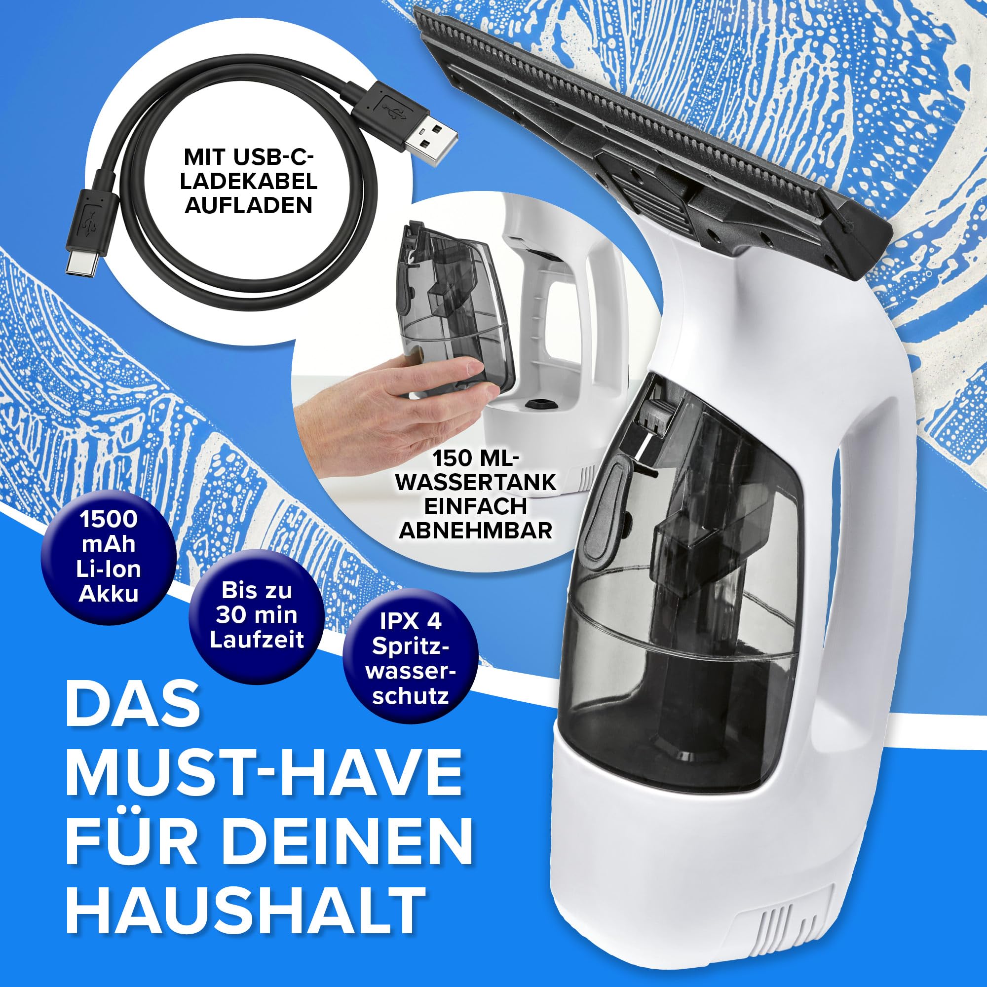 CLEANmaxx Akku-Fenstersauger-Set, 2000 Pa, 30 Min., Fensterputzer kabellos