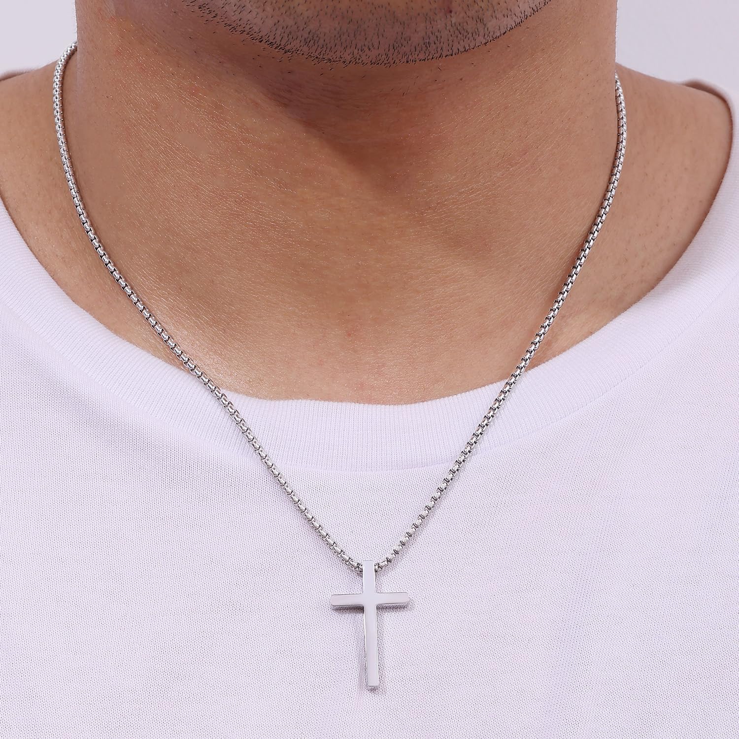Fiusem Valentines Gifts for Him - Cross Necklace for Men, Silver/Gold/Black Mens Cross Necklaces with 2.5mm Cross Chain and Stainless Steel Cross Pendant, Box Chain 16-24 Inch, Jewelry Gift - Image 8
