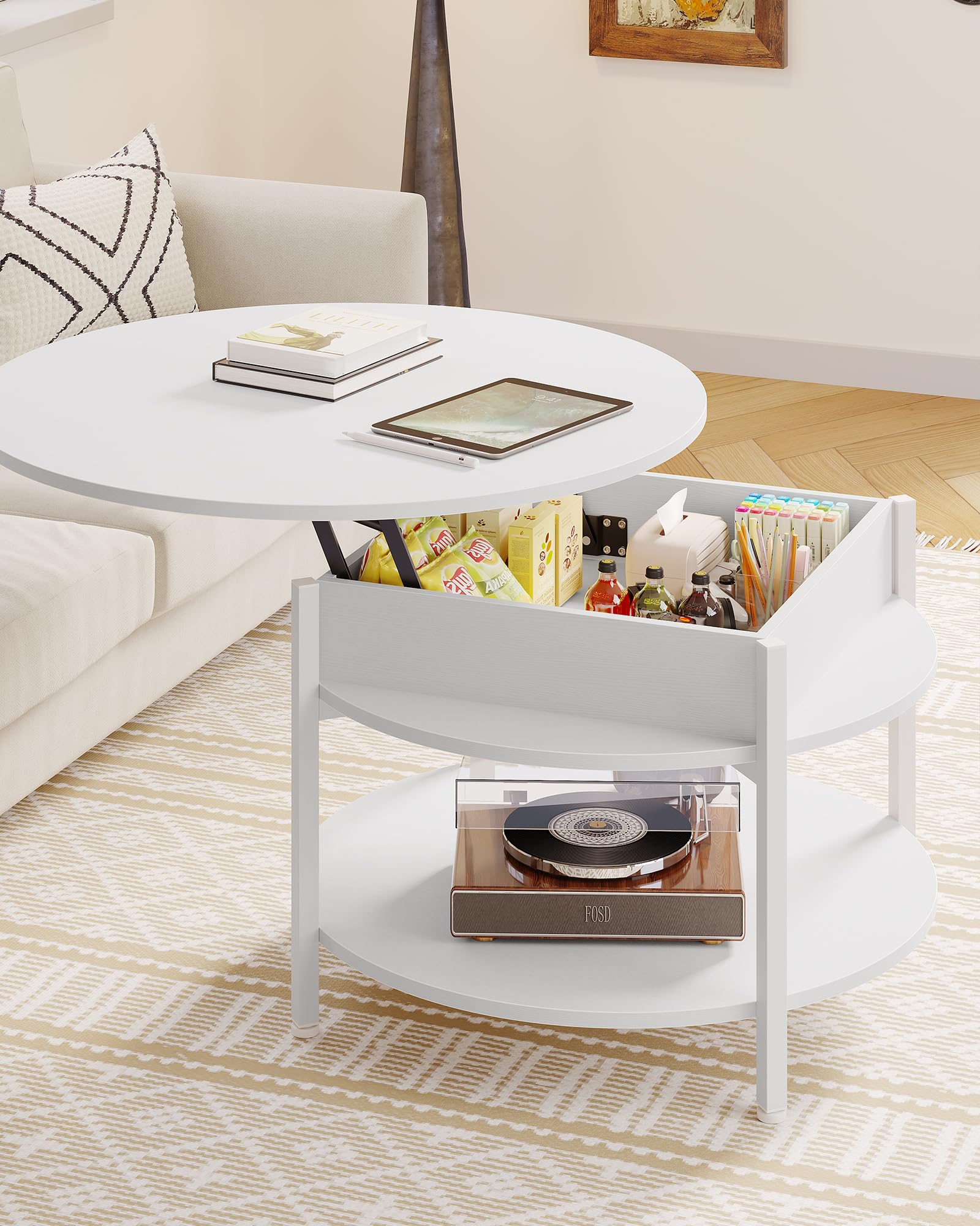 Couchtisch Rund mit Hebeplatte, Couchtisch Höhenverstellbarer, Beistelltisch, Wohnzimmertisch mit Verstecktem Stauraum, Offenem Fach, Metallrahmen, für Wohnzimmer, Büro, 70 x 70 x 50 cm, Weiß