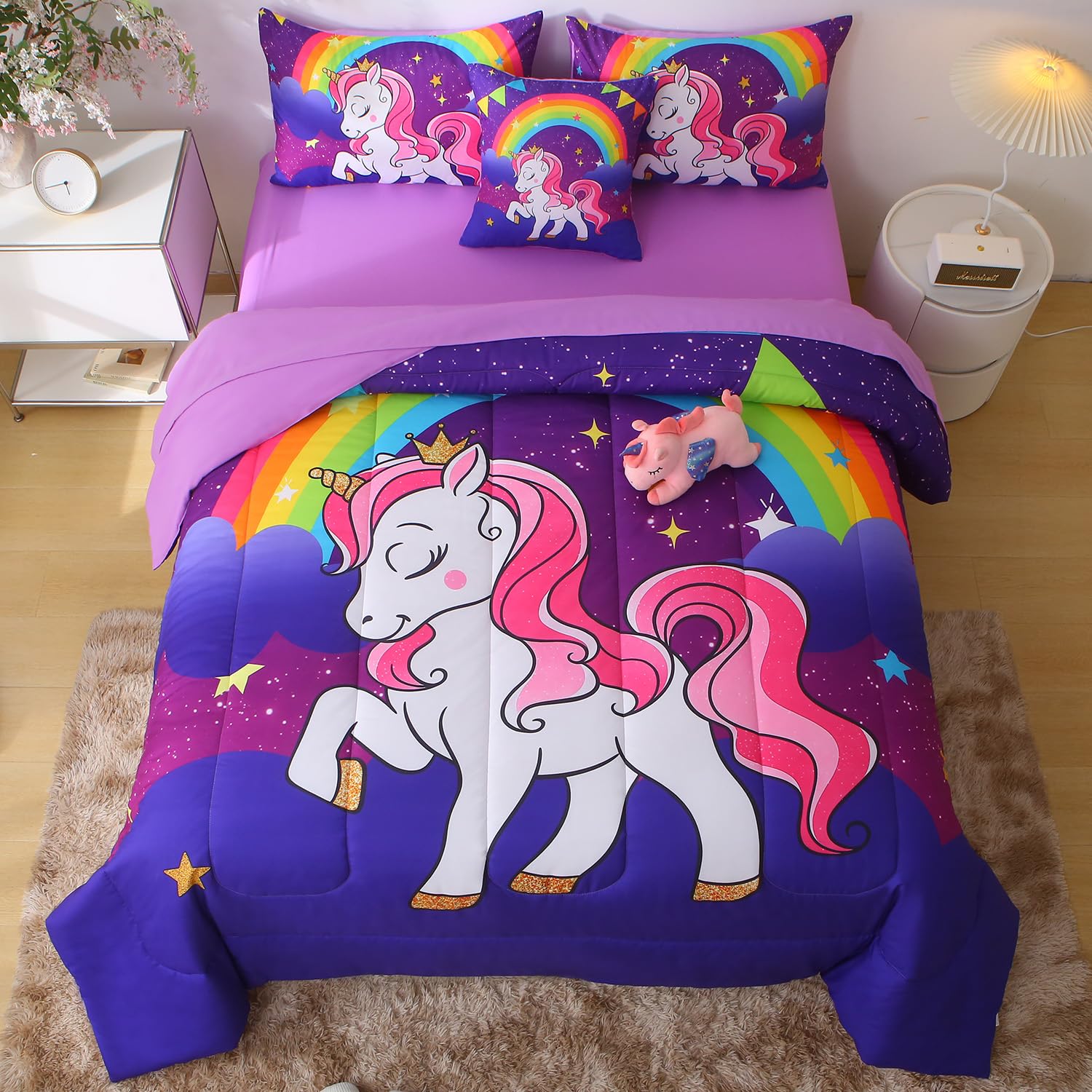 JQinHome Rainbow Unicorn Galaxy Twin Bed in a Bag