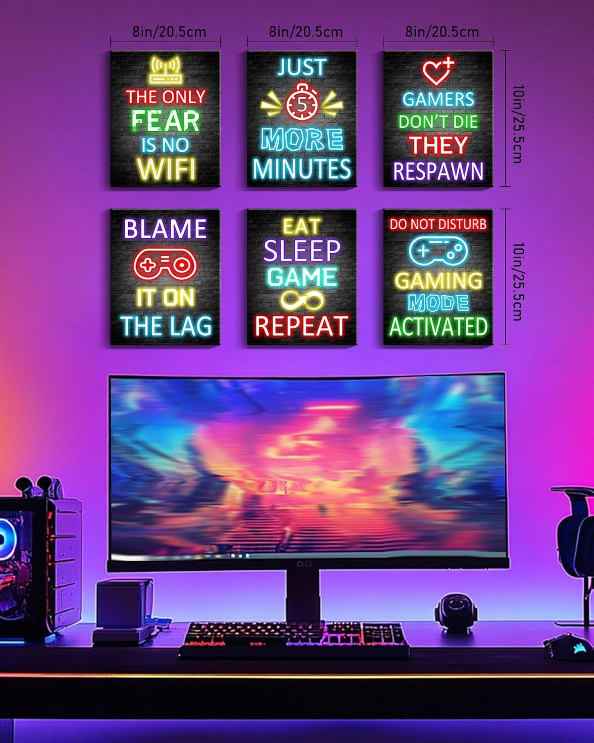 KUVIOKE Video Gamer Room Decor for Teen Boys Gaming Wall Art Gamer Neon Sign Teenage Bedroom Decor Ready to Hang Set of 6, 8x10in (Framed)