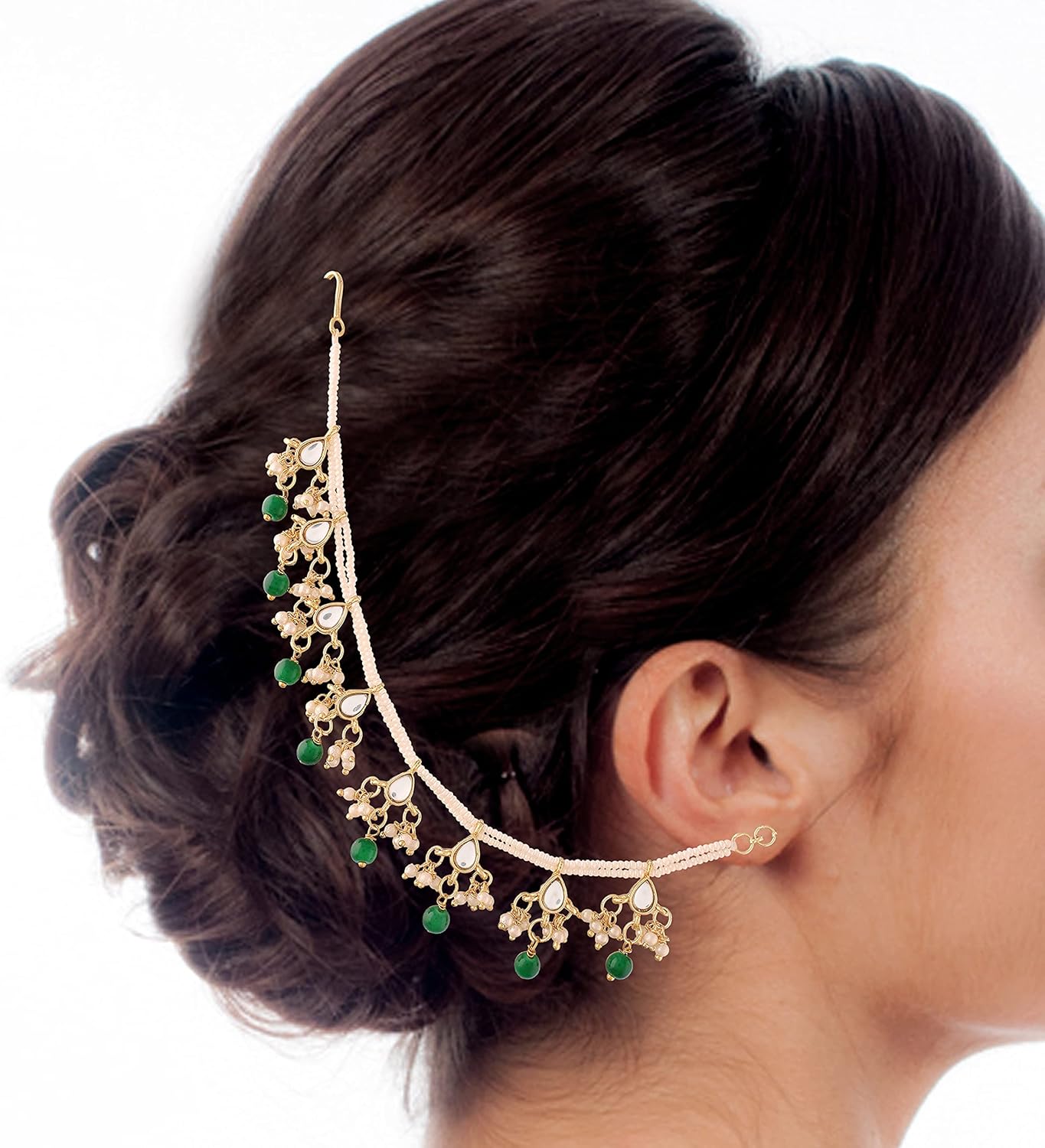 I Jewels Gold Plated Indian Wedding Bollywood Long Pearl Drop Beads Hair Chain Accessories for Women