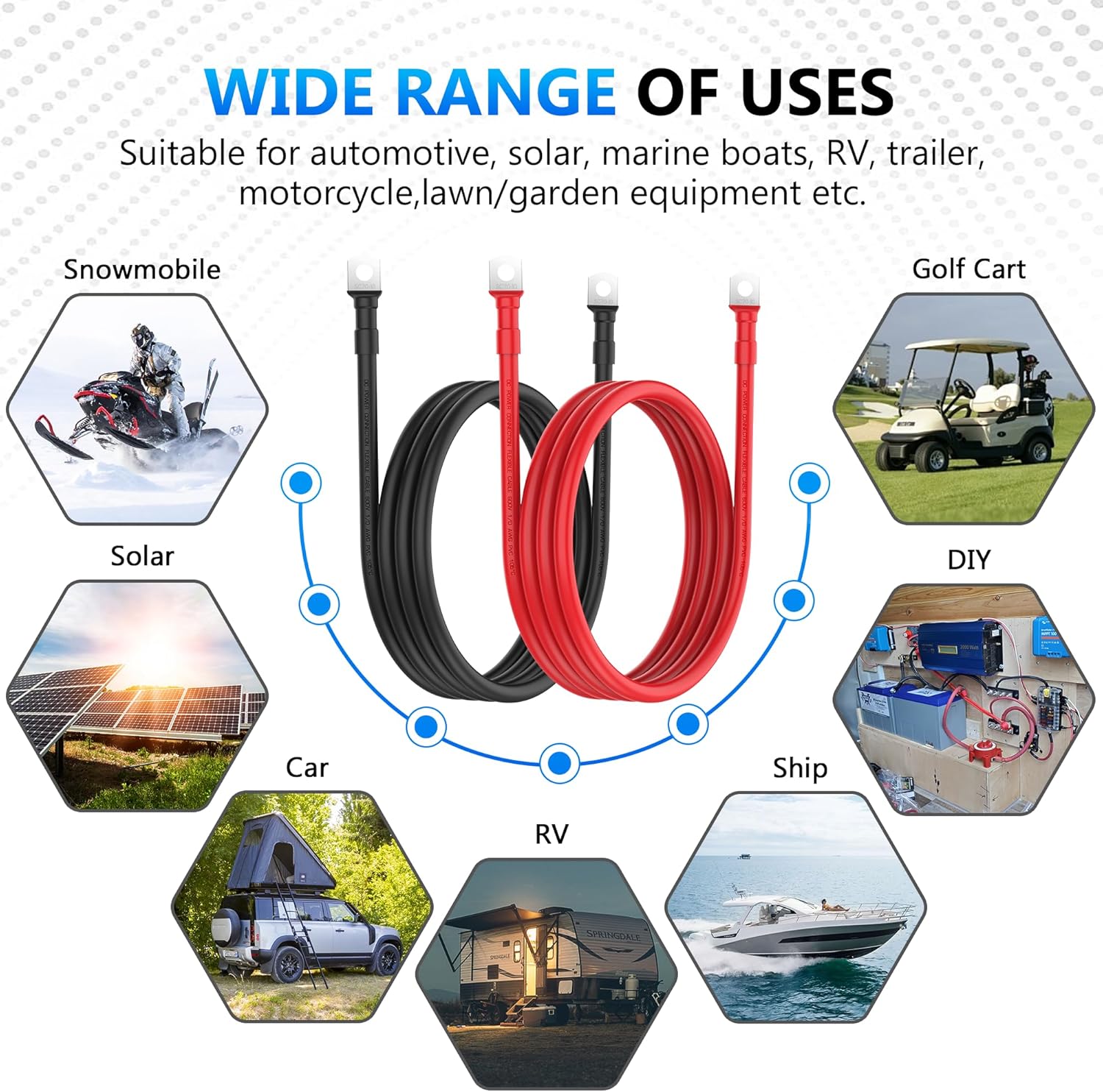LEESKY 1/0 AWG Battery Cables 1/0 Gauge 6 Feet Pure Copper Battery Inverter Cables 3/8 Inch Terminals for Golf Cart, Power Inverter, Solar, Car, RV, Marine