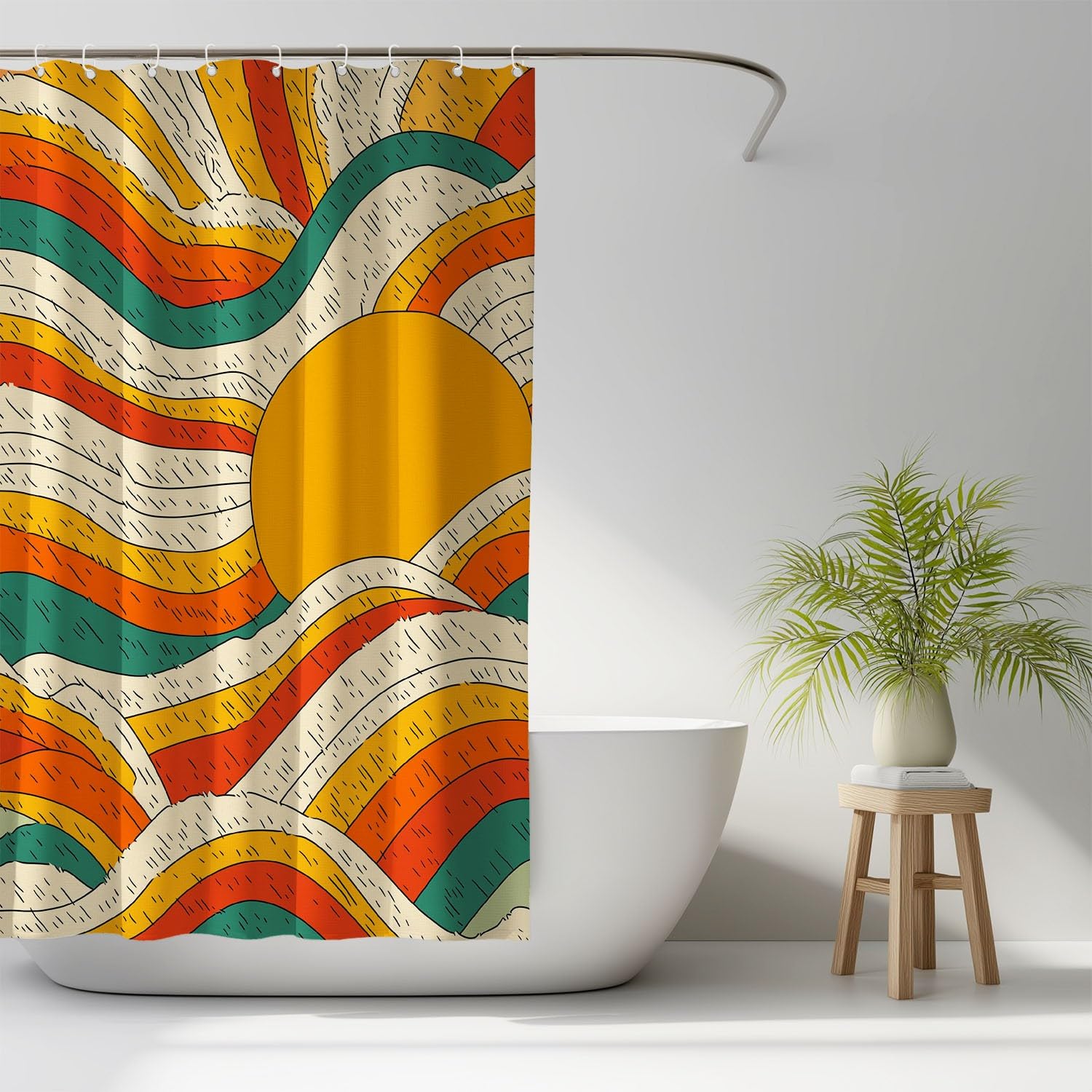 Generico Vintage Tenda Da Doccia Fantasia Linee Sole Beige, Tenda Da Doccia Per Bagno, Vasca Da Bagno, Tenda In Poliestere Impermeabile Con Ganci In Plastica, 200 x 200 cm
