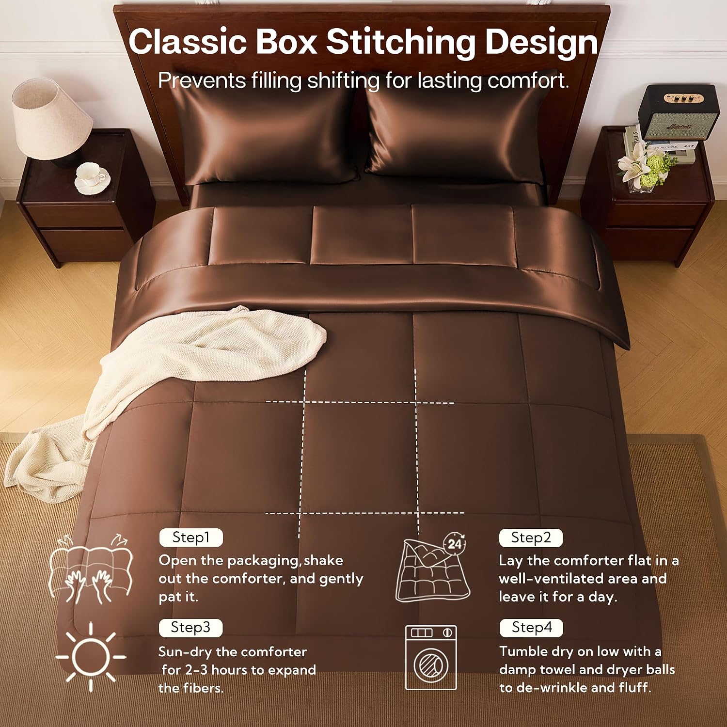 MR&HM Full Size Comforter Set Brown, Reversible Satin Microfiber Comforter Set for All Seasons, 3 Pieces Non-Slip Silky Soft Bedding Sets with 1 Comforter (82"x86") and 2 Pillowcases (20"x26") image 5