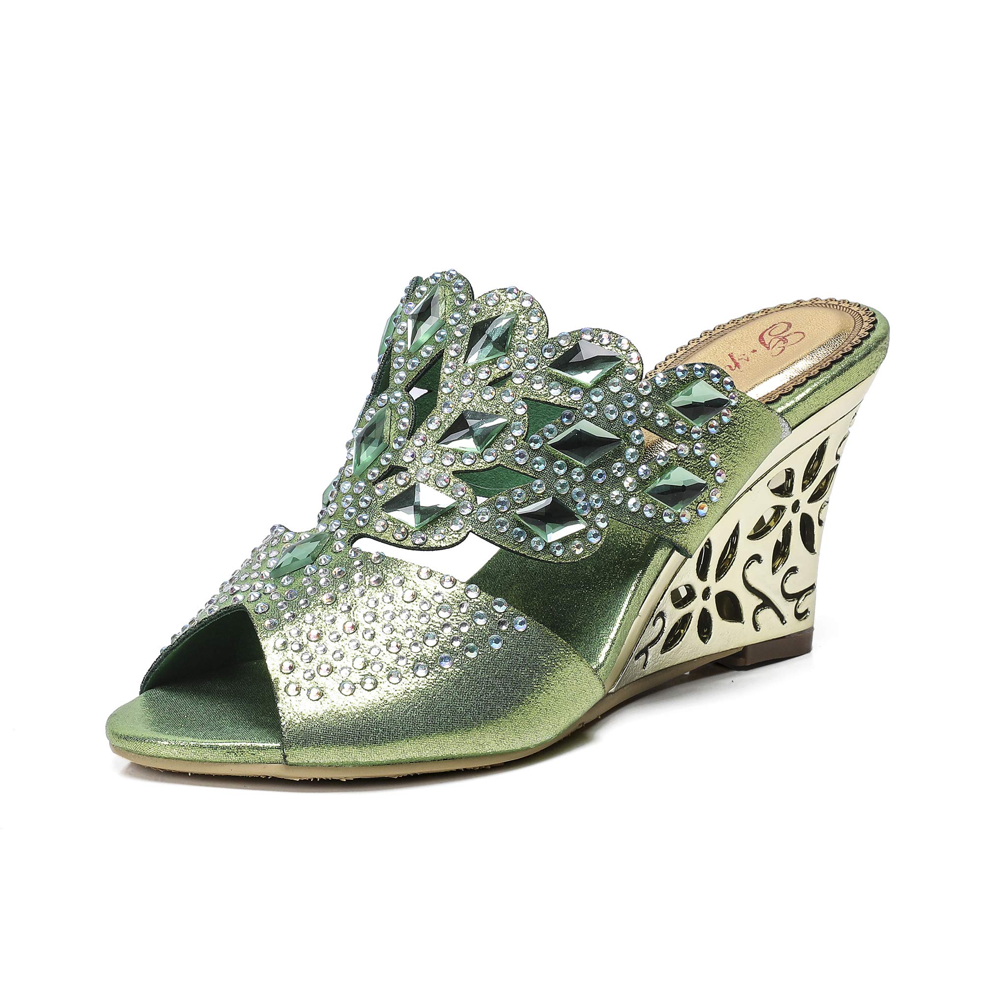 Unicoratha Women's Rhombus Shaped with Crystal Rhinestones Slip on Party Dress Wedge Sandals, Green, 9
