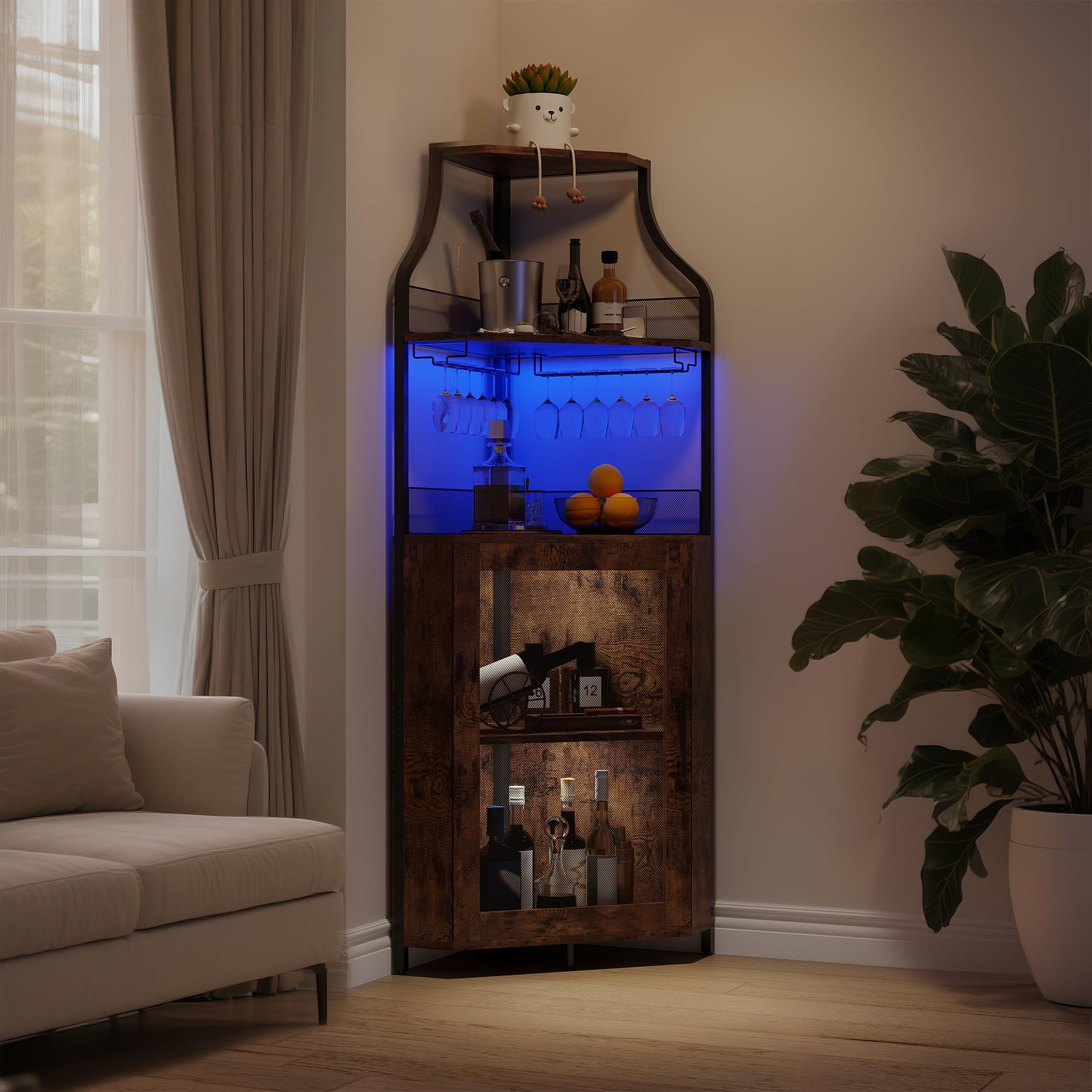 Eck-Weinschrank 154 cm – Bar Schrank Im Industrial Design Mit Glashalter, Gittertür & Verstellbaren Regalen – Platzsparender Eck-Barschrank Für Wohnzimmer, Küche & Esszimmer，Vintage-Farbe +Lampe