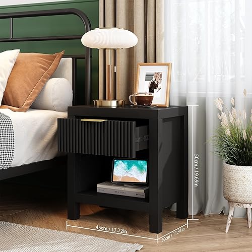 Miniatura 2 de Juego de 2 mesitas de noche, mesa auxiliar de cama con almacenamiento, mesa auxiliar de granja con 2 cajones, armario acanalado para dormitorio,