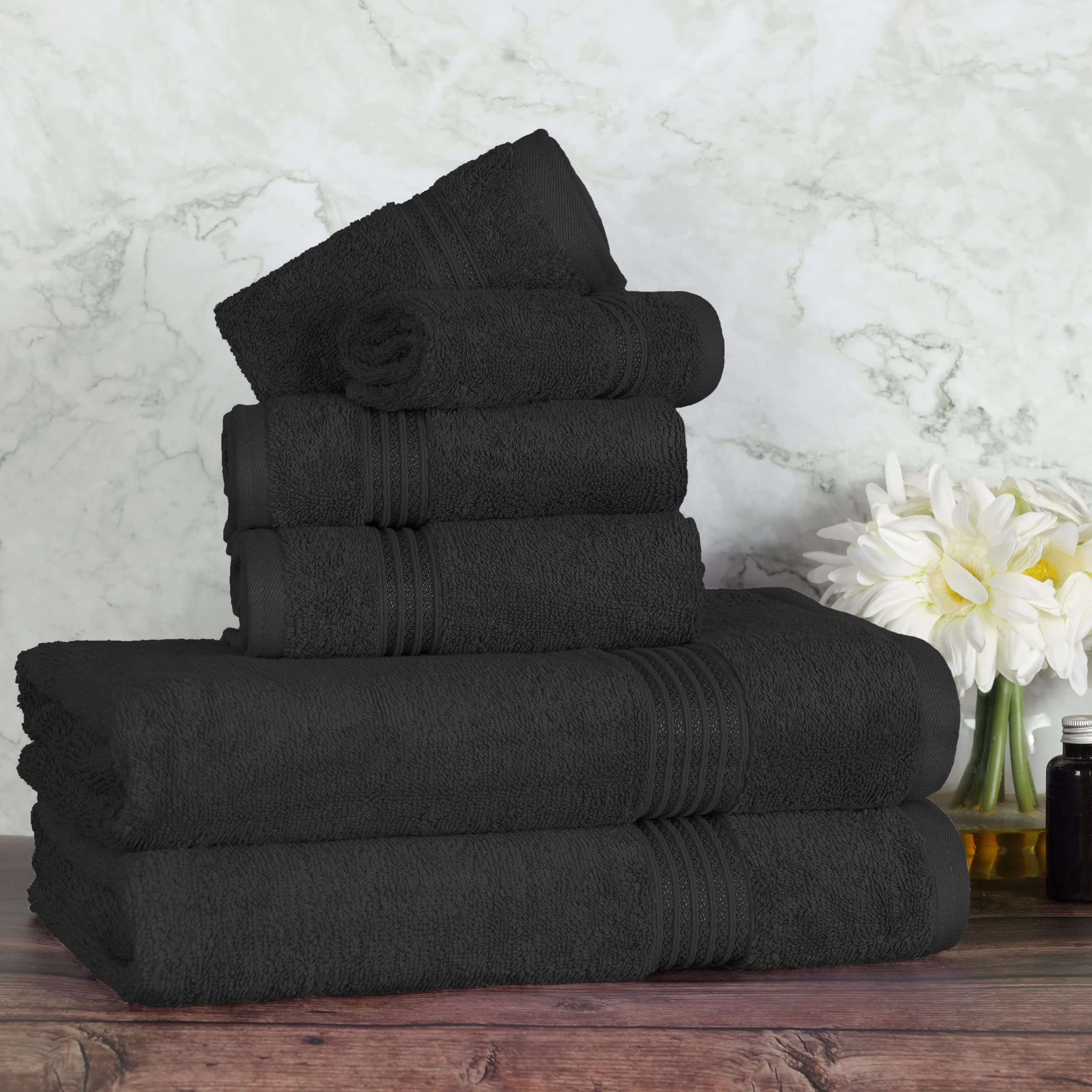 SUPERIOR Egyptian Cotton 6-Piece Towel Set, Bathroom Essentials, Towels for Bathroom, Apartment, Airbnb, Guest Bath, Face, Hand, Bath Towels, Washcloths, Absorbent, Fast Drying, Black
