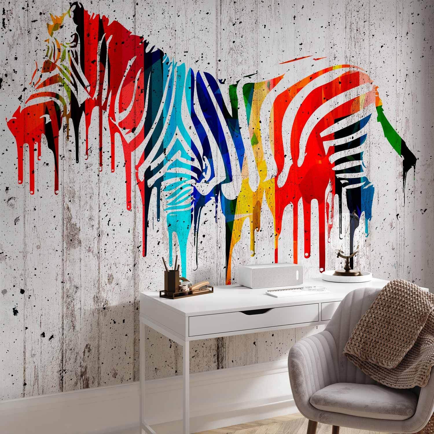 decomonkey Premium Fototapete Graffiti Steinwand, 350x256 cm, XXL, Zebra | Vlies, Schlafzimmer, Wohnzimmer, Design, Tapete, Fototapeten, Tapeten, Vliestapete, Wandtapete, moderne, Wand