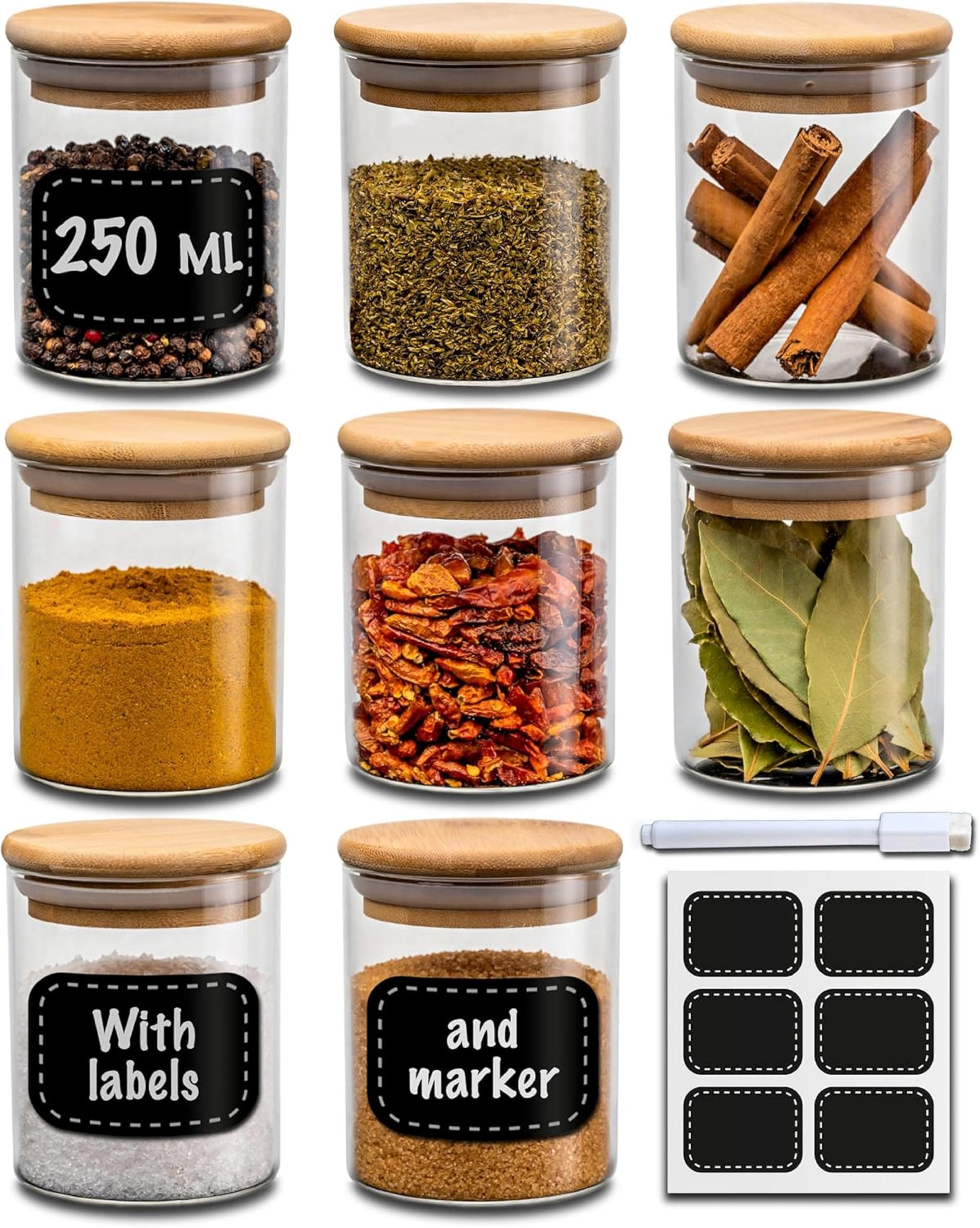Praknu 8X 250Ml Set Of 8 Glass Spice Jars With Bamboo Lids - 250 Ml - With Labels & Erasable Marker - Airtight & Dishwasher Safe - Perfect For Organizing Spices & Herbs