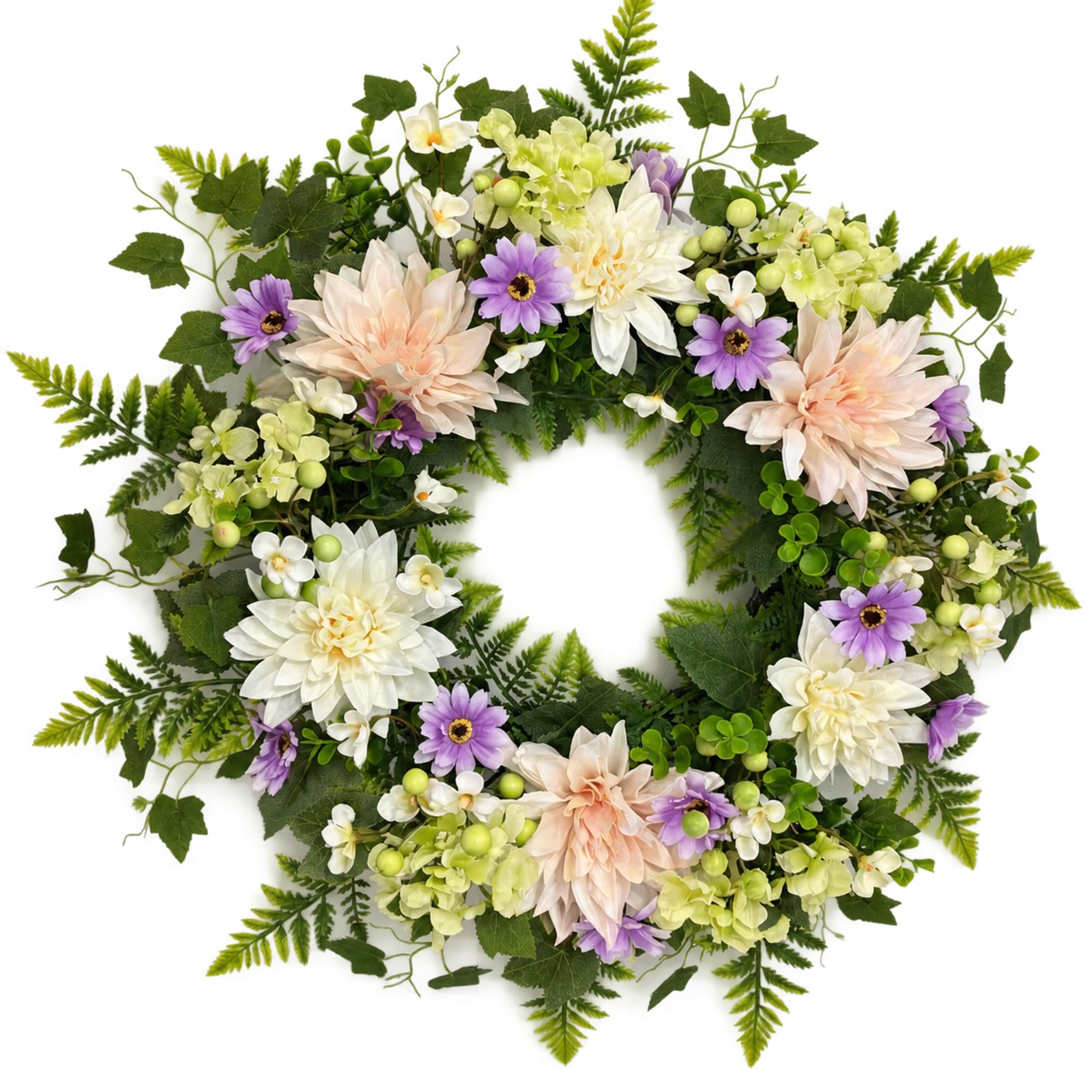 24 Inch Spring Wreath for Front Door - Easter wreath Large Artificial Dahlia & Eucalyptus Floral Wreath, Handcrafted Full Silhouette Summer Wreath for Porch, Wall, Window, Farmhouse Home Decor