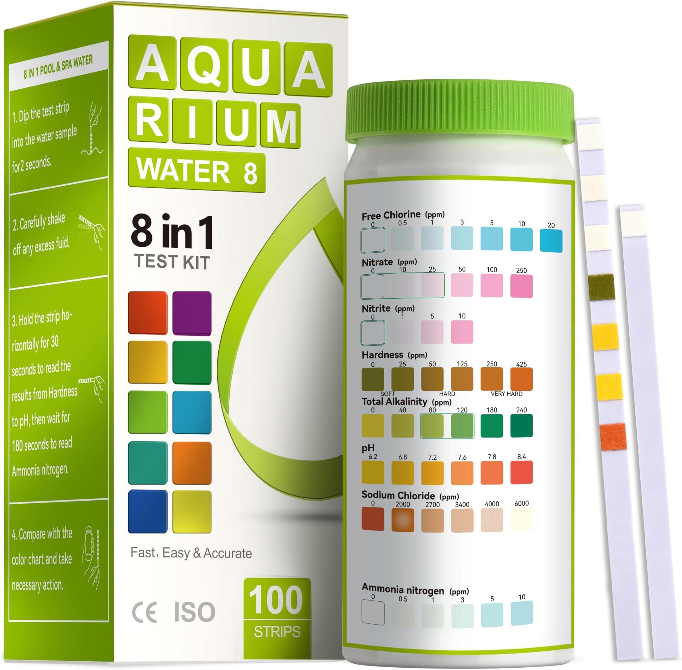 AAwipes Aquarium Ammonia Test Strips 8-in-1 |100 Strips | Quick & Accurate Water Testing for Freshwater & Saltwater Tanks -Test pH, Sodium Chloride, Alkalinity, Hardness, Chlorine etc. (K02-100)