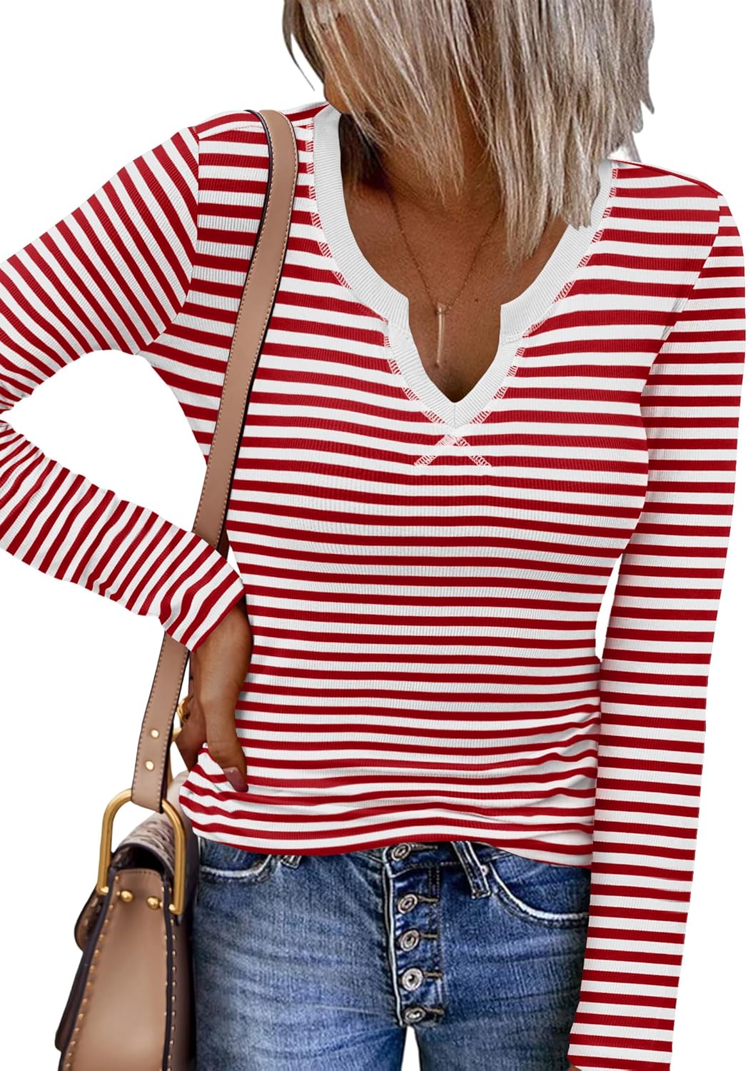 Zeagoo Womens Long Sleeve Shirts V-Neck Rib Knit Slim Fit Tops Casual Stretch Basic Tee Going Out Top Fall Fashion 2025 - Image 2