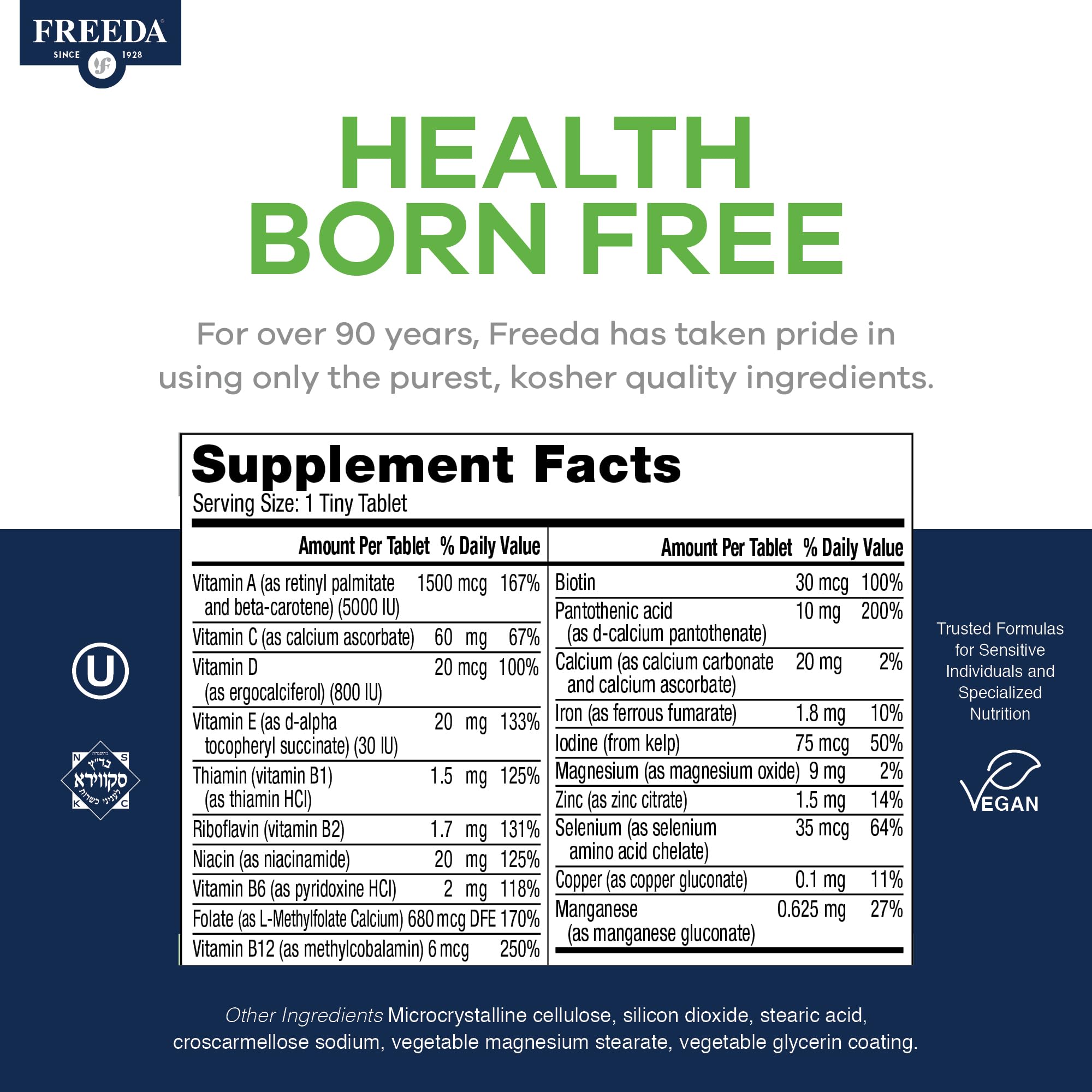 Freedavite Tiny Tablet - Moderate Multivitamin for Men and Women - Pure Vitamin A, C, D, E, B1, B2, B6, B12, Biotin, Calcium, Zinc, Iron, Magnesium, Manganese, Copper, Selenium, Iodine - 250 Count — Amazon image 4