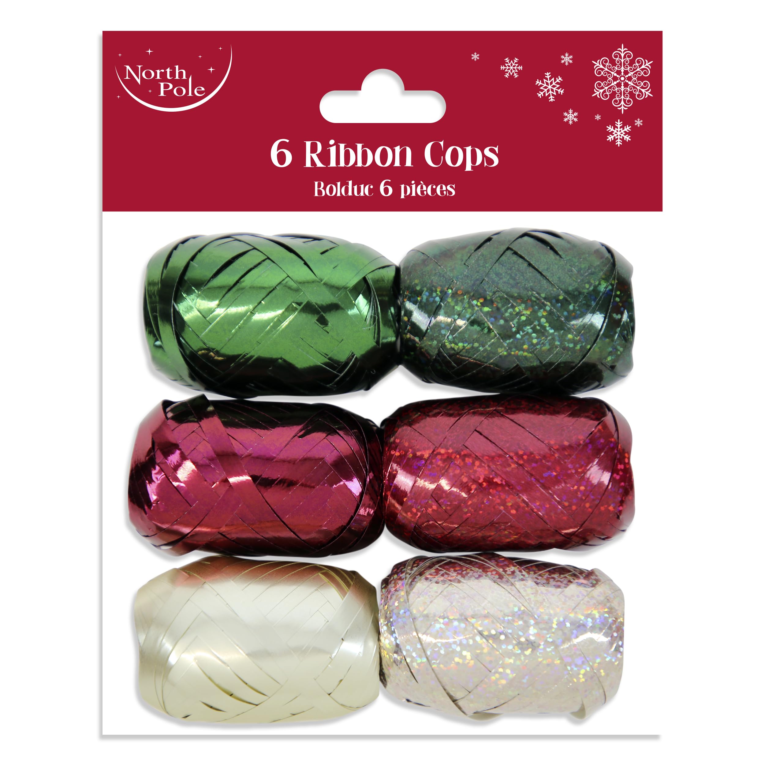 Eurowrap 6 Pack Christmas Ribbon Cops – Trend Mix Metallic & Holographic Curls – Gift Wrapping Ribbons in Red, Green & Gold – 10 Metres x 5mm Each