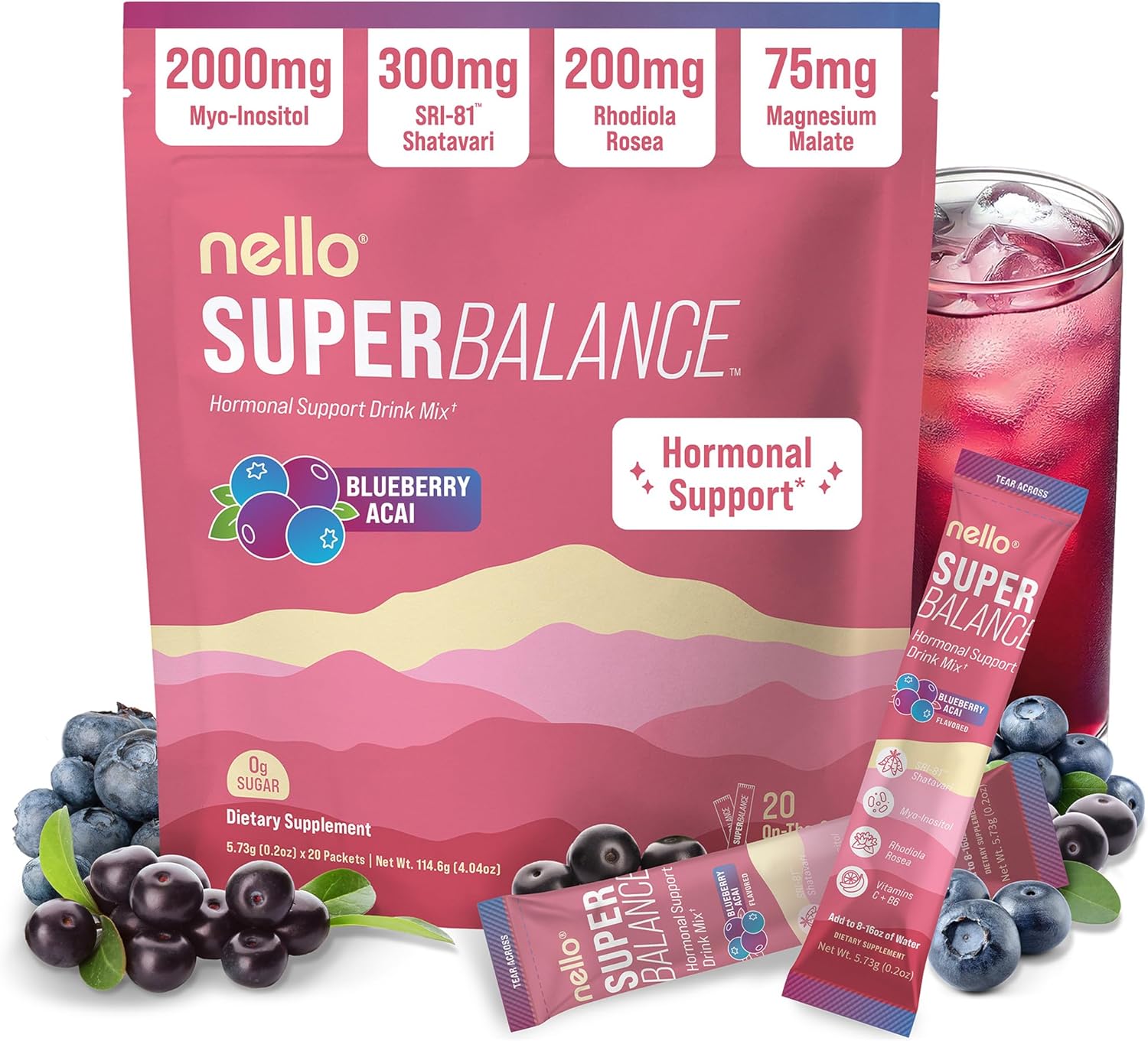 Nello Superbalance Hormonal Support Drink Mix, SRI-81 Shatavari, Myo-Inositol, Rhodiola Rosea, Vitamin C, Magnesium, Theobromine (20 Servings, Blueberry Acai)