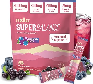 Nello Superbalance Hormonal Support Drink Mix, SRI-81 Shatavari, Myo-Inositol, Rhodiola Rosea, Vitamin C, Magnesium, Theobromine 20 Servings, Blueberry Acai