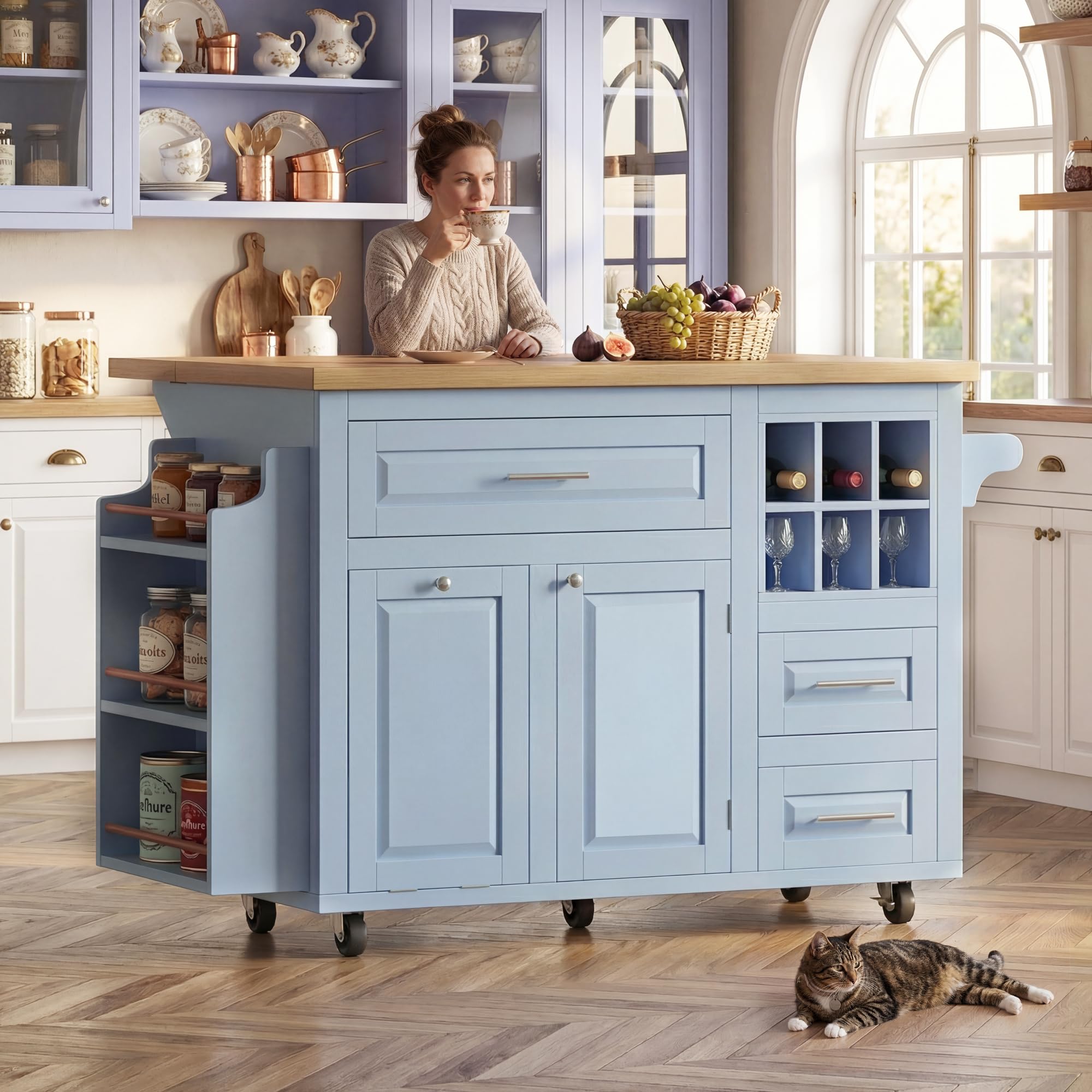 Îlot Central de Cuisine avec Rangement, Meuble de Cuisine avec Plan de Travail Pliable, Desserte de Cuisine avec Porte-Bouteilles et Étagère à Snacks, pour Salle à Manger, Bleu