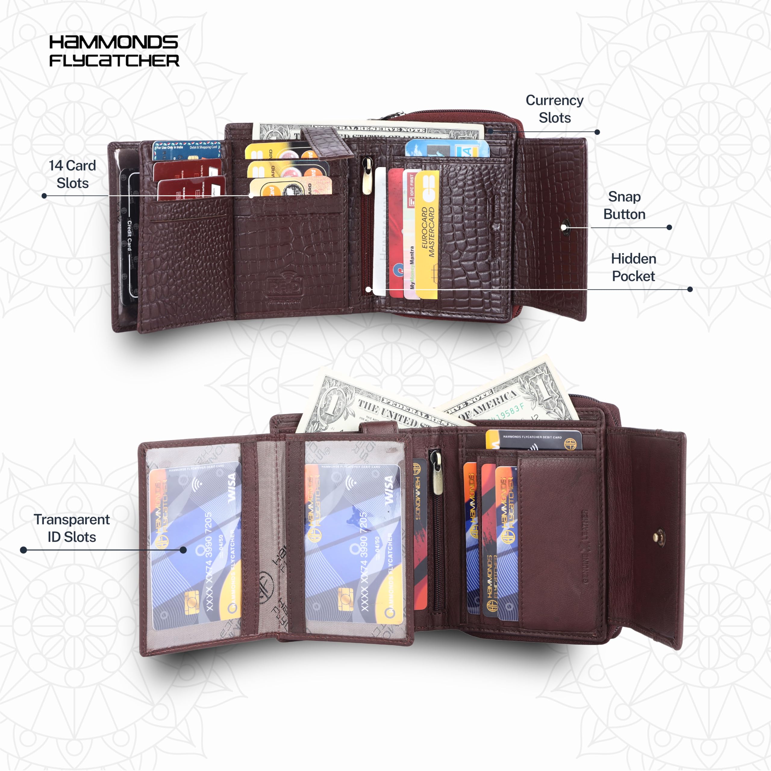 HAMMONDS FLYCATCHER Cartera de cuero para mujer con 14 ranuras para tarjetas, bolso de mano para mujer, cartera de mujer elegante, monedero para mujer, monedero para mujer, monedero para mujer, secoya