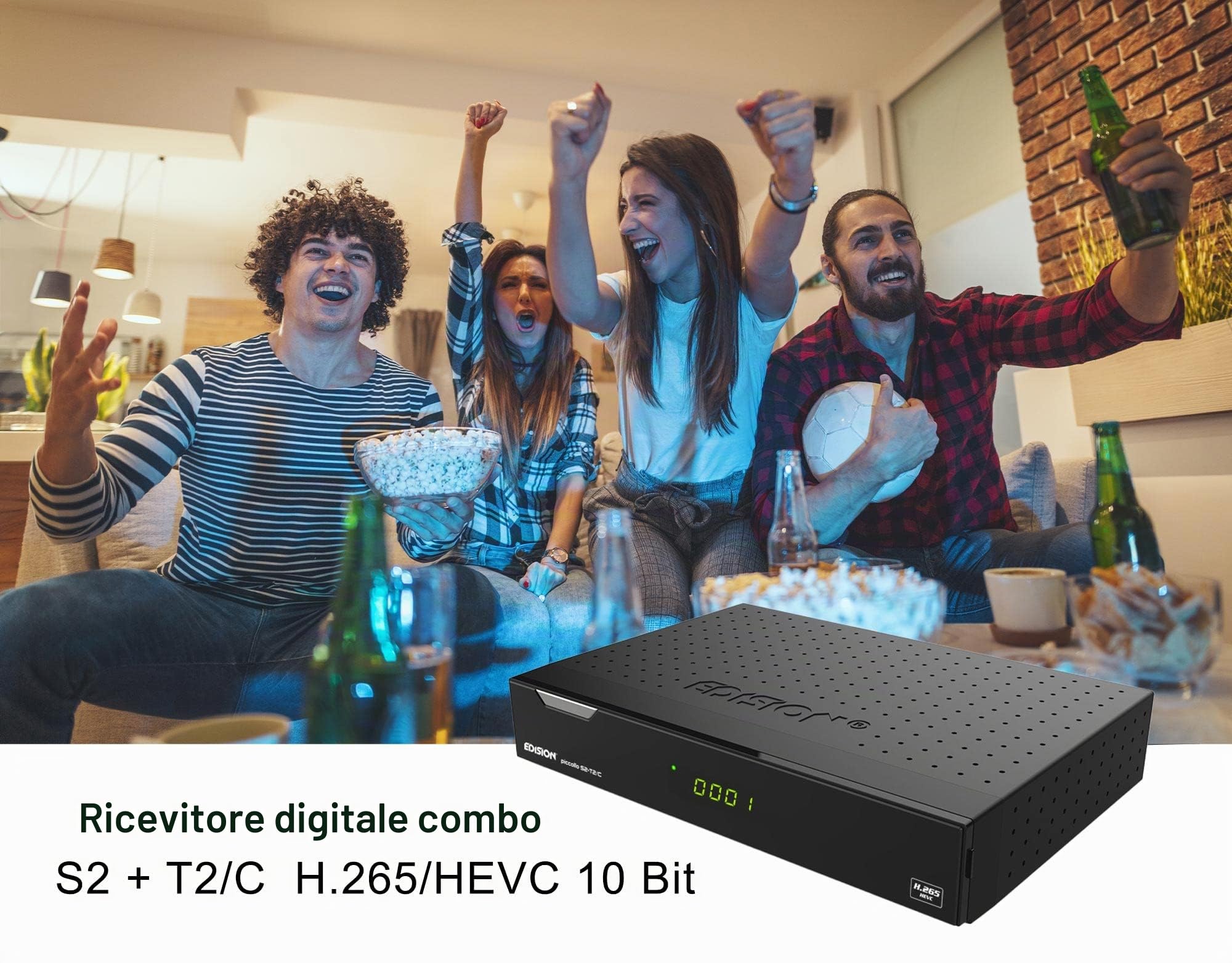 EDISION PICCOLLO S2+T2/C Decoder Combo HD, Ricevitore Digitale satellitare e terrestre Full HD DVB-S2 DVB-T2 DVB-C H265 HEVC, 2xUSB, HDMI, RCA, LAN, CI, Supporto USB WiFi, Telecomando Universale 2in1