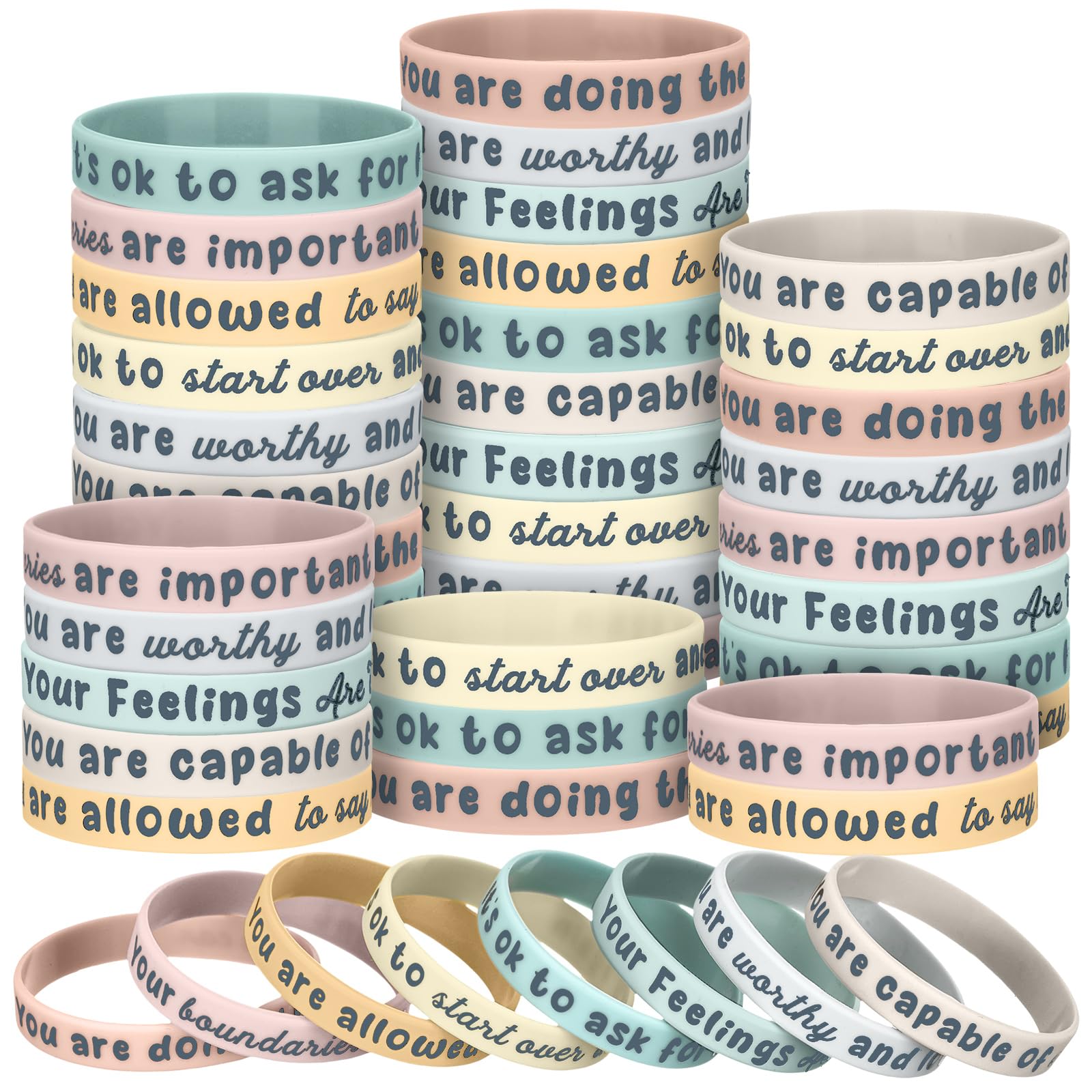 48 Pcs Mental Health Month Gift Motivational Silicone Wristbands Bulk Autism Awareness Day Affirmations Bracelets for Back to School Counseling Therapy End of Year Gift(Light Color,Motivational)