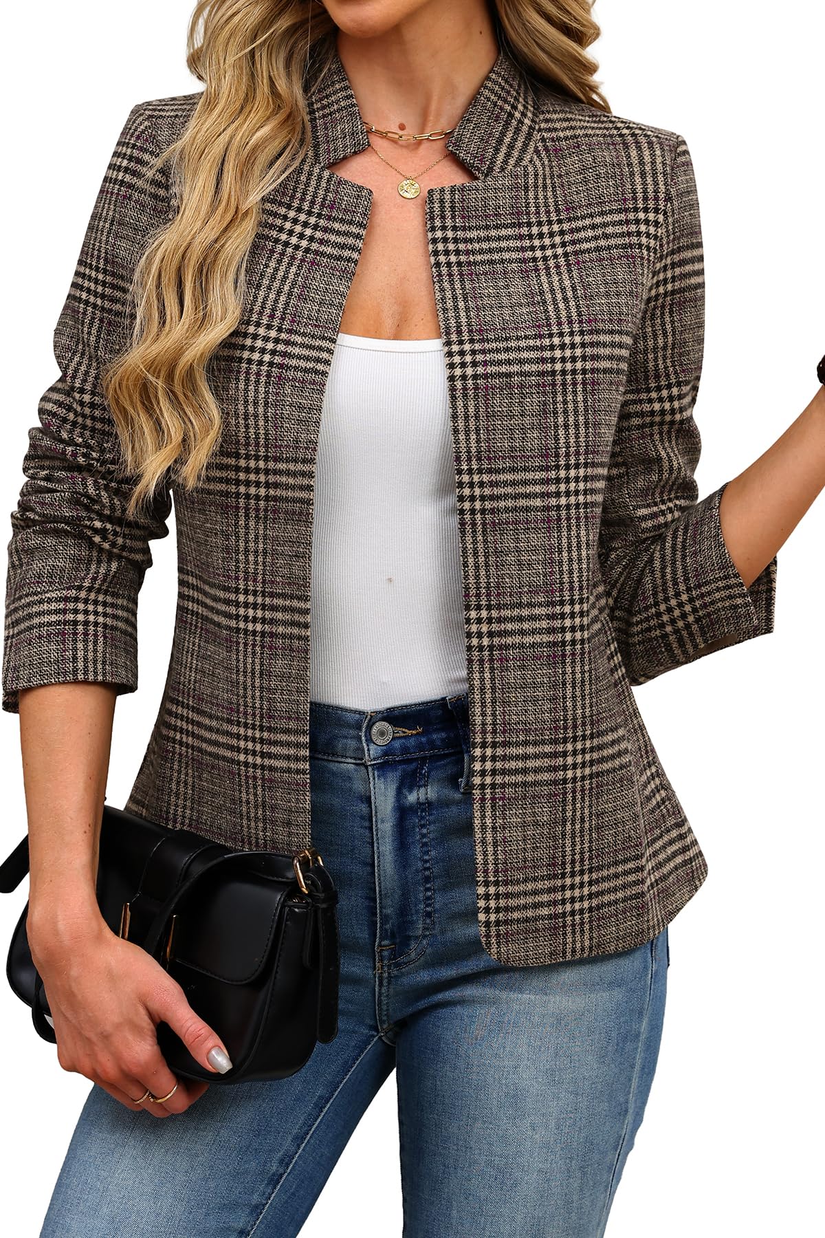 Women's Plaid Blazer Open Front Stand Collar Houndstooth Suit Boyfriends Jacket for Work Casual-image-47