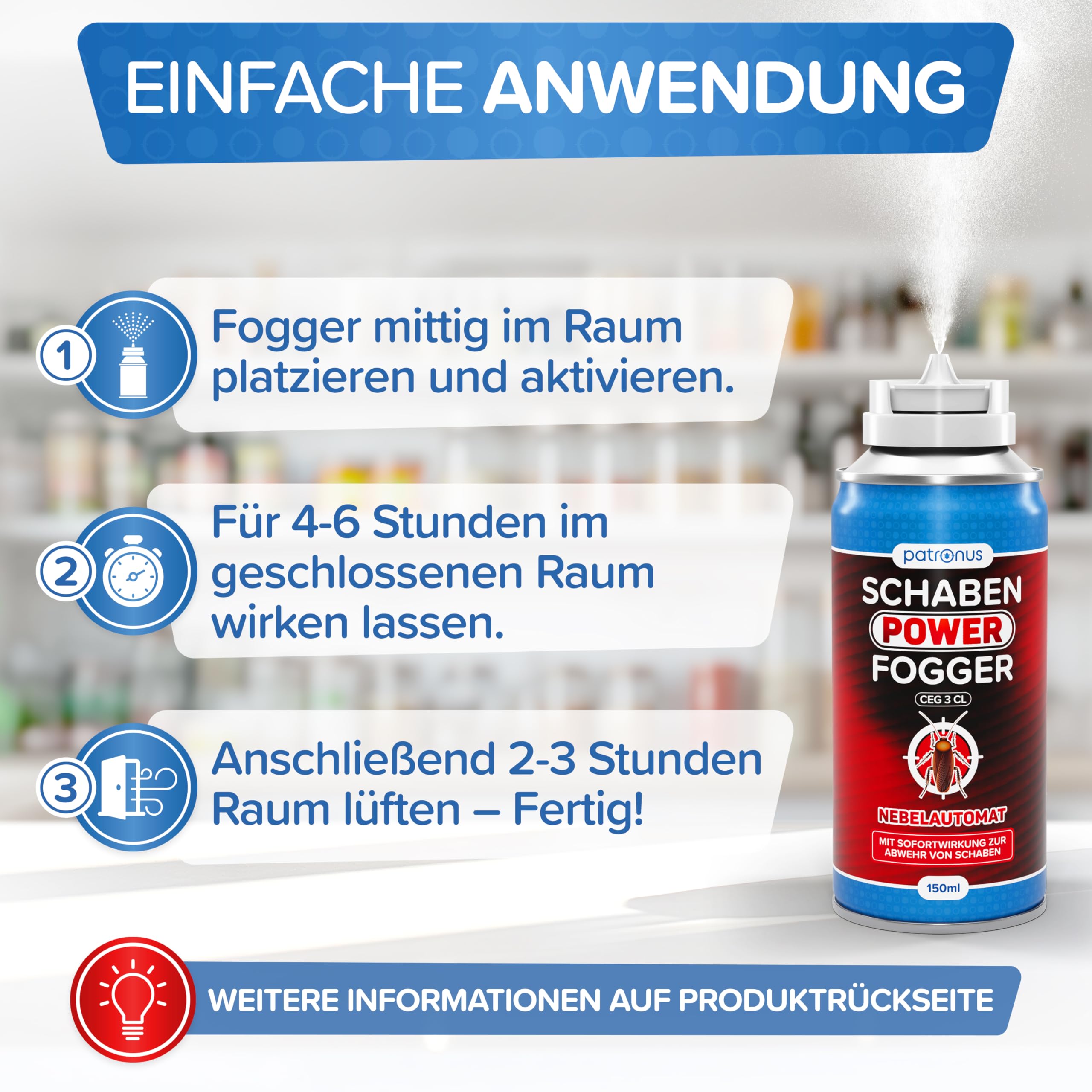 Patronus Schaben Power Fogger mit maximaler Sofortwirkung [2x 150 ml] | effektiver Vernebler zur Abwehr von Schaben & Kakerlaken, ideal für kleine Schaben-Verstecke - aus deutscher Produktion