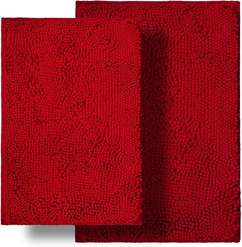 Juego de 2 alfombras de baño, ultra suaves y absorbentes, de felpilla, antideslizantes, lavables (20 x 32 pulgadas + 16 x 24 pulgadas), color rojo