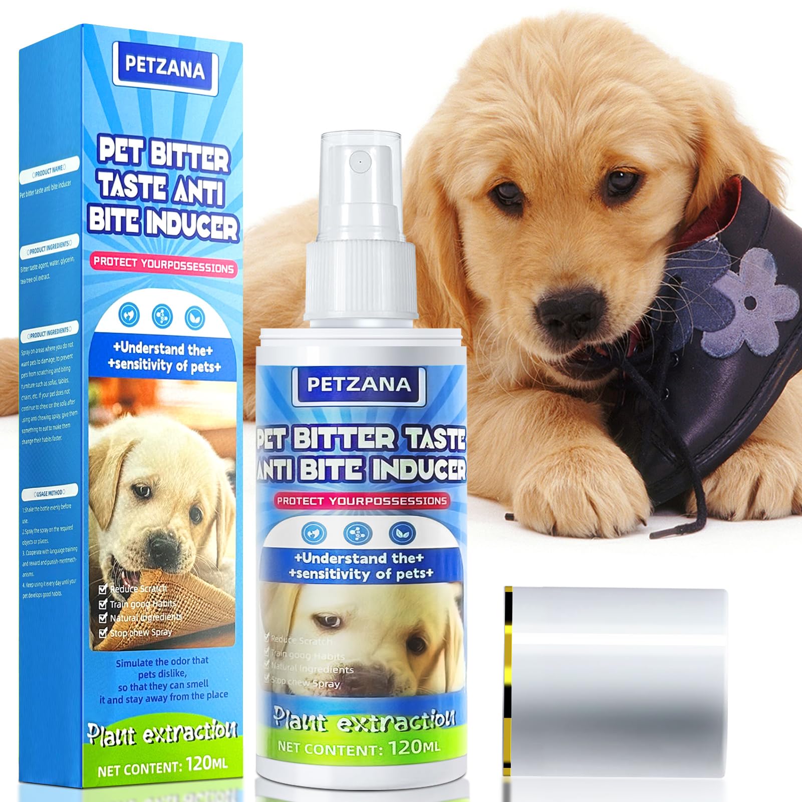 PETZANA Bitter Apple Spray for Dogs: 100ML Natural Alcohol-Free Bitter Spray for Dogs to Stop Chewing Licking, Deterrent Spray for Puppy Training Protect Furniture, Shoes, Cords Indoor/Outdoor Use