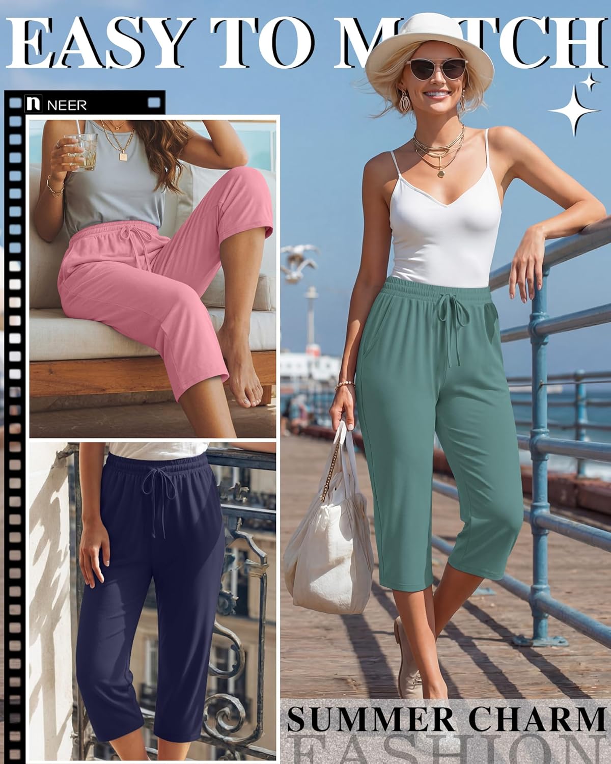 Neer 4 Pack Women's Capri Pants Wide Leg Yoga Capri Sweatpants Drawstring Summer Lounge Loose Fit Cropped Pants with Pockets - Image 2