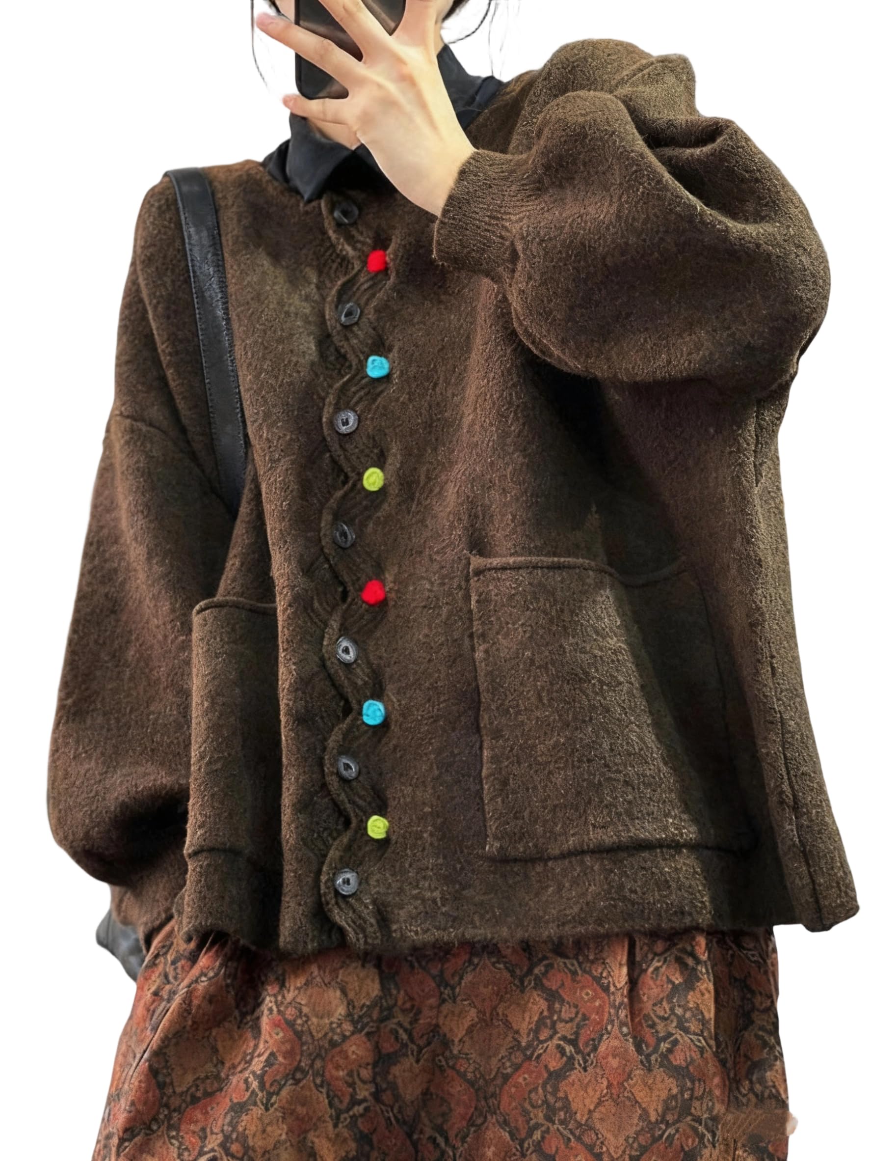 Oversized Wave Button Down Cardigan Sweater for Women Winter Knit Long Sleeve Crewneck Loose Coat Outwear with Pocket