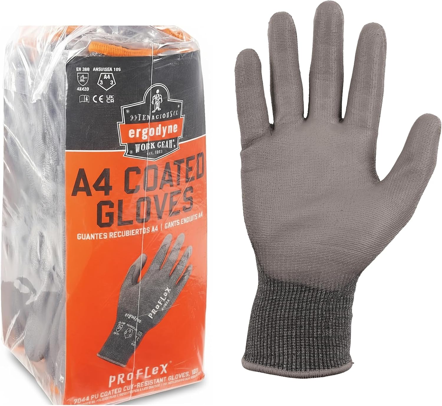 Ergodyne ProFlex 7044 Cut Resistant Work Gloves, ANSI A4, PU Coated Palms for Flexible No Slip Grip. Superior Fit and Feel