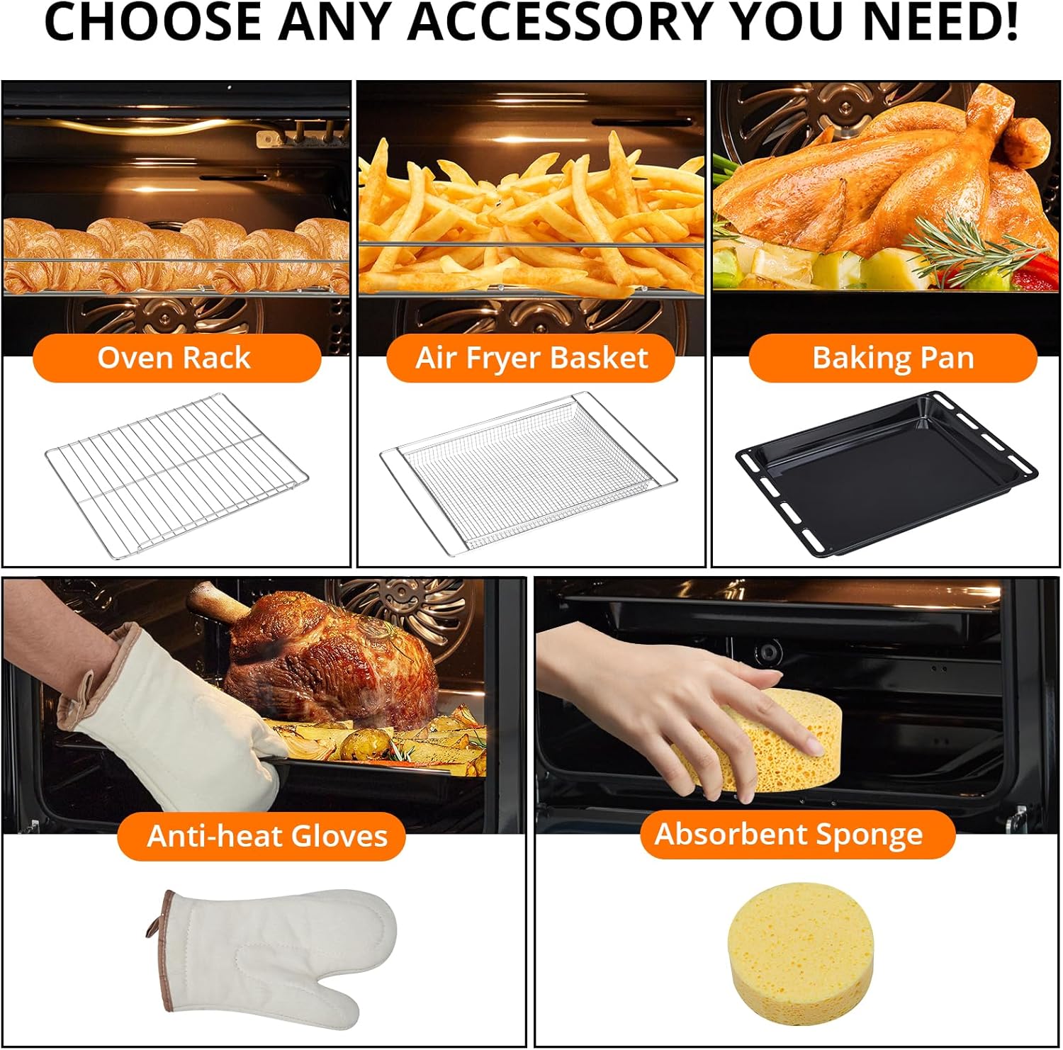 GarveeTech oven accessories including oven rack, air fryer basket, baking pan, anti-heat gloves, and absorbent sponge