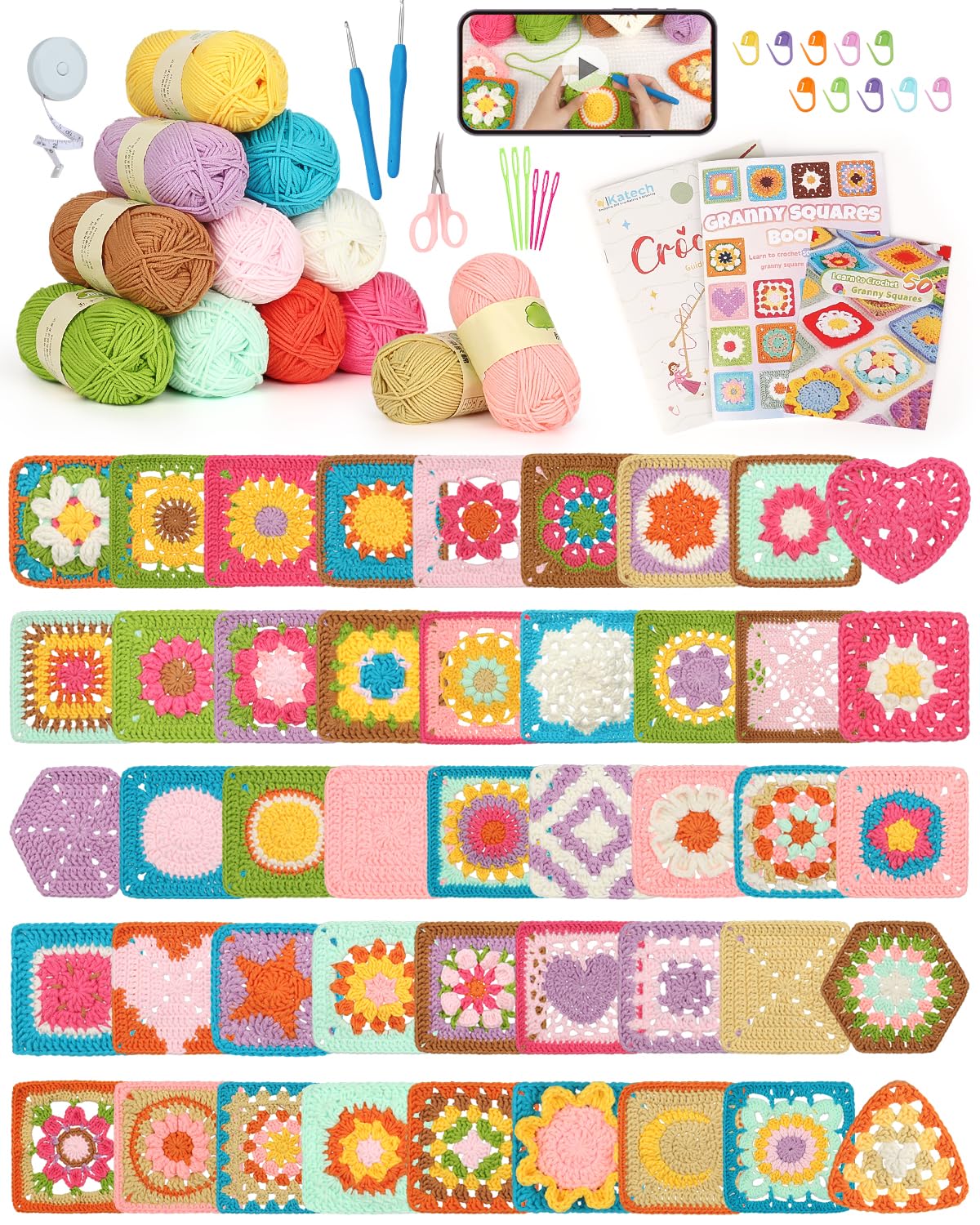 Katech Crochet Kit for Beginners Adults with Step-by-Step Video Tutorials, 50 Granny Square Kit for Beginner Learn to Crochet, Crochet Starter Kit for Crocheter w/ 12 Upgraded Yarn-Beginner Friendly