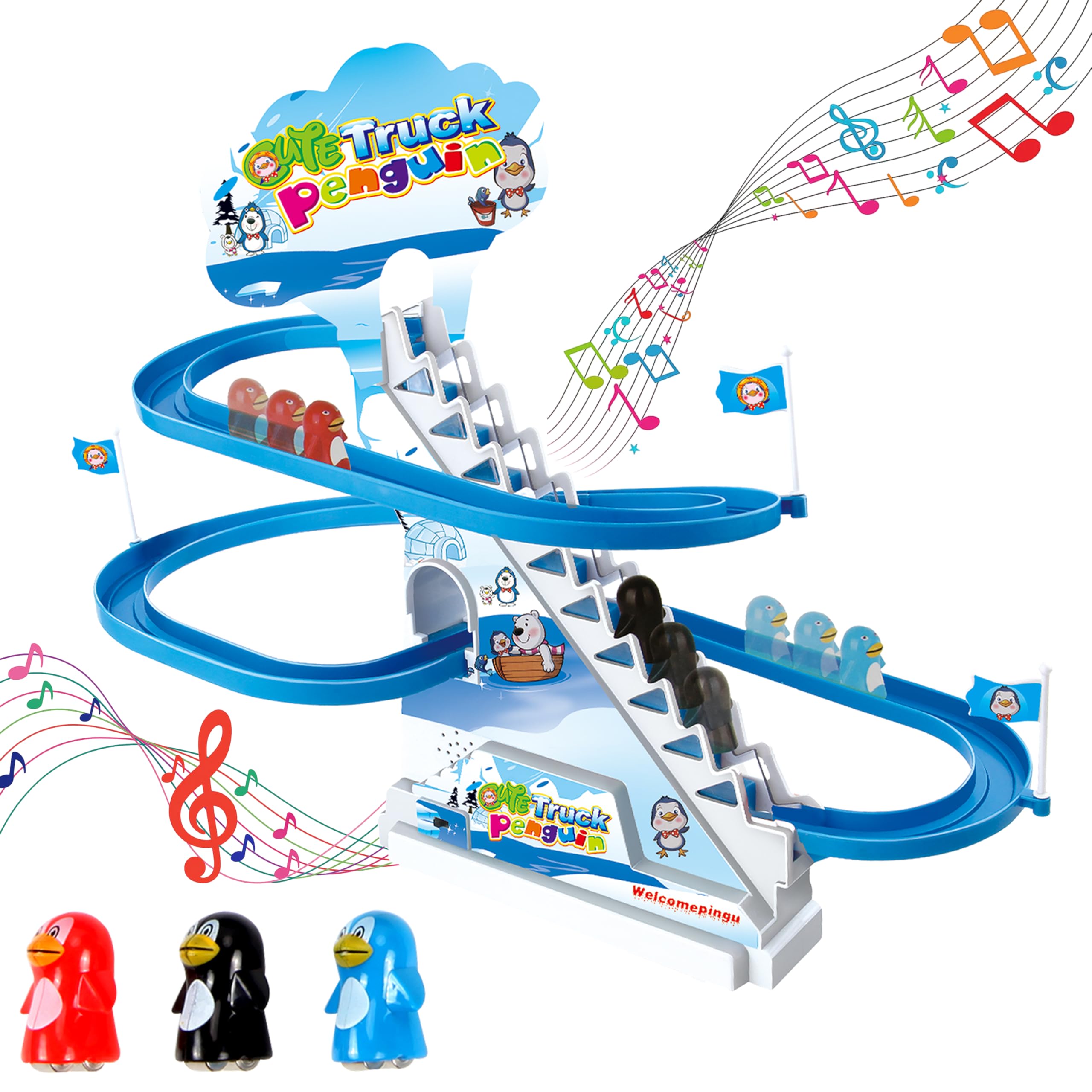 ARSUK Penguin Race Game Toy Playful Musical Roller Coaster Track Playset with Music & LED Flashing Lights On/Off Button for Toddlers and Kids Gift