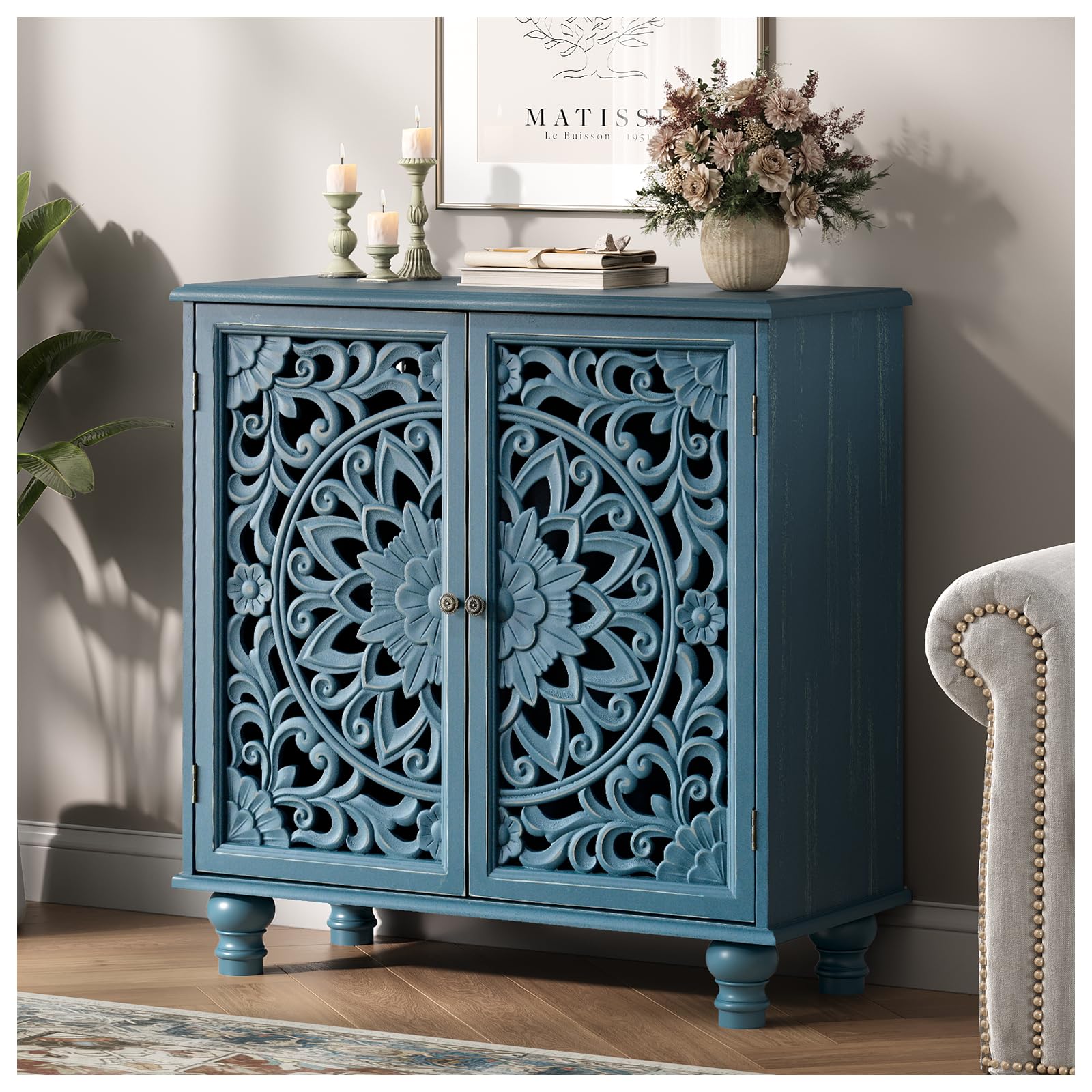 Accent Cabinet with Doors, Decorative Storage Cabinet with Adjustable Shelf, Carved Sideboard Buffet with Solid Wood Legs for Living Room, Entryway, Kitchen, Hallway, Blue