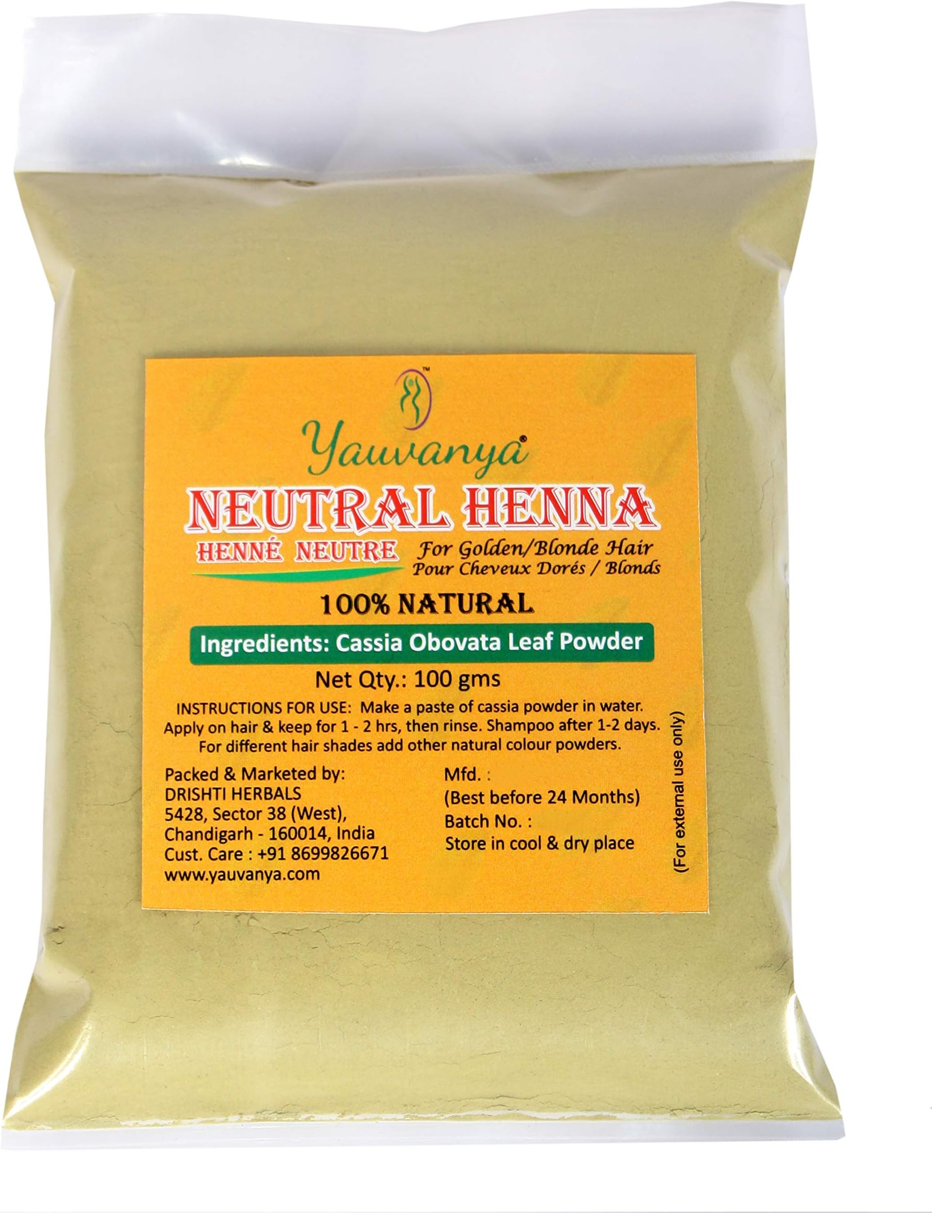Yauvanya 100% pure Neutral Henna (Cassia Obovata) Powder for Blonde/Golden hair | Colorless Henna | Natural Hair Conditioner | For Soft, Silky, Shiny hair - 3x100gms